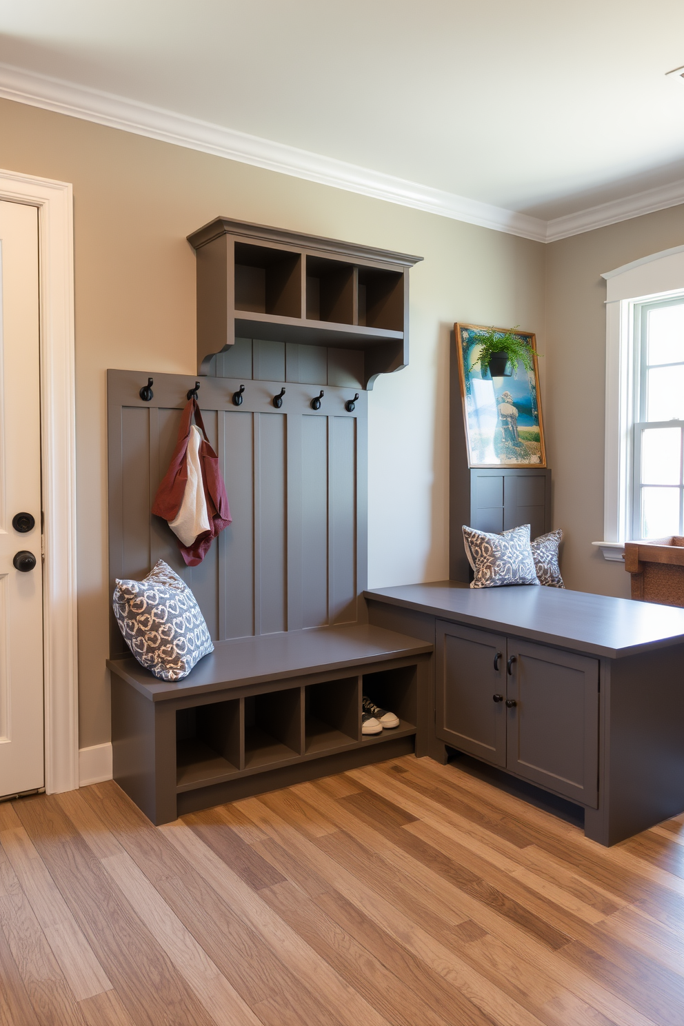 A welcoming mudroom features natural wood accents that add warmth and character. The space includes built-in benches with plush cushions and open shelves for easy storage of shoes and bags, seamlessly connecting to the adjacent family room.