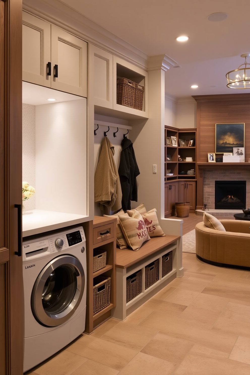 Bright lighting floods the mudroom, creating an inviting atmosphere that seamlessly connects to the family room. The space features built-in benches with storage underneath, complemented by hooks for coats and bags, all bathed in natural light from large windows.