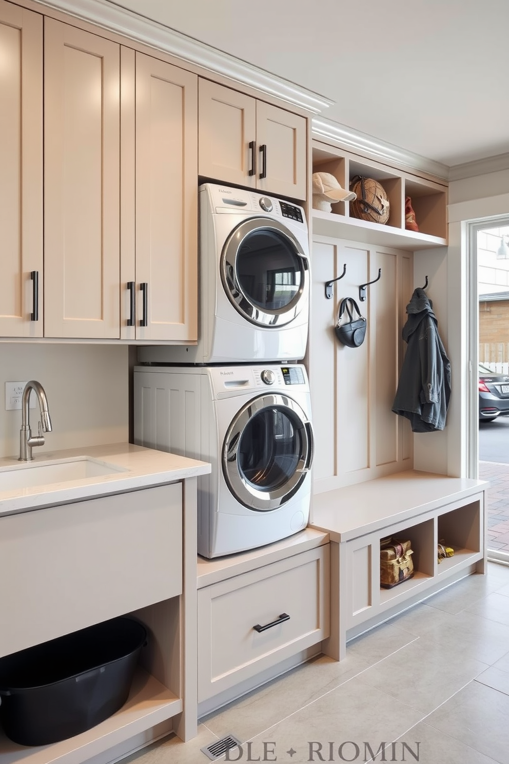 An integrated laundry area designed for convenience features sleek cabinetry and a countertop for folding clothes. The space includes a washer and dryer stacked vertically, with a utility sink beside them for easy access. The mudroom near the garage is functional and stylish, showcasing built-in benches with storage underneath. Hooks line the walls for coats and bags, while a durable tile floor withstands heavy foot traffic.