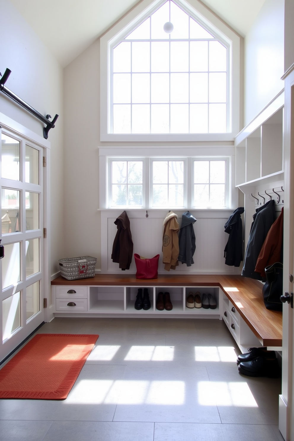 A functional drop zone for daily items featuring a built-in bench with storage underneath. The walls are painted in a soft gray, and hooks are installed above the bench for hanging coats and bags. The floor is covered with durable tile that mimics wood, providing both style and practicality. A decorative basket sits nearby for storing shoes, and a small potted plant adds a touch of greenery to the space.