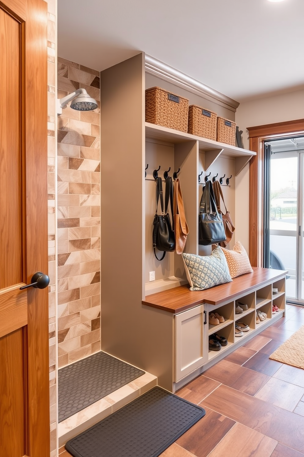 A stylish mudroom near the garage features a combination of functional storage and aesthetic appeal. The space includes a built-in bench with plush cushions, surrounded by hooks for coats and a large area rug that adds warmth and comfort. The flooring is a durable tile that can withstand heavy foot traffic, while natural light streams in through a window, illuminating the organized shelving for shoes and outdoor gear. Decorative baskets are placed strategically to keep the area tidy, enhancing the overall design with a touch of elegance.