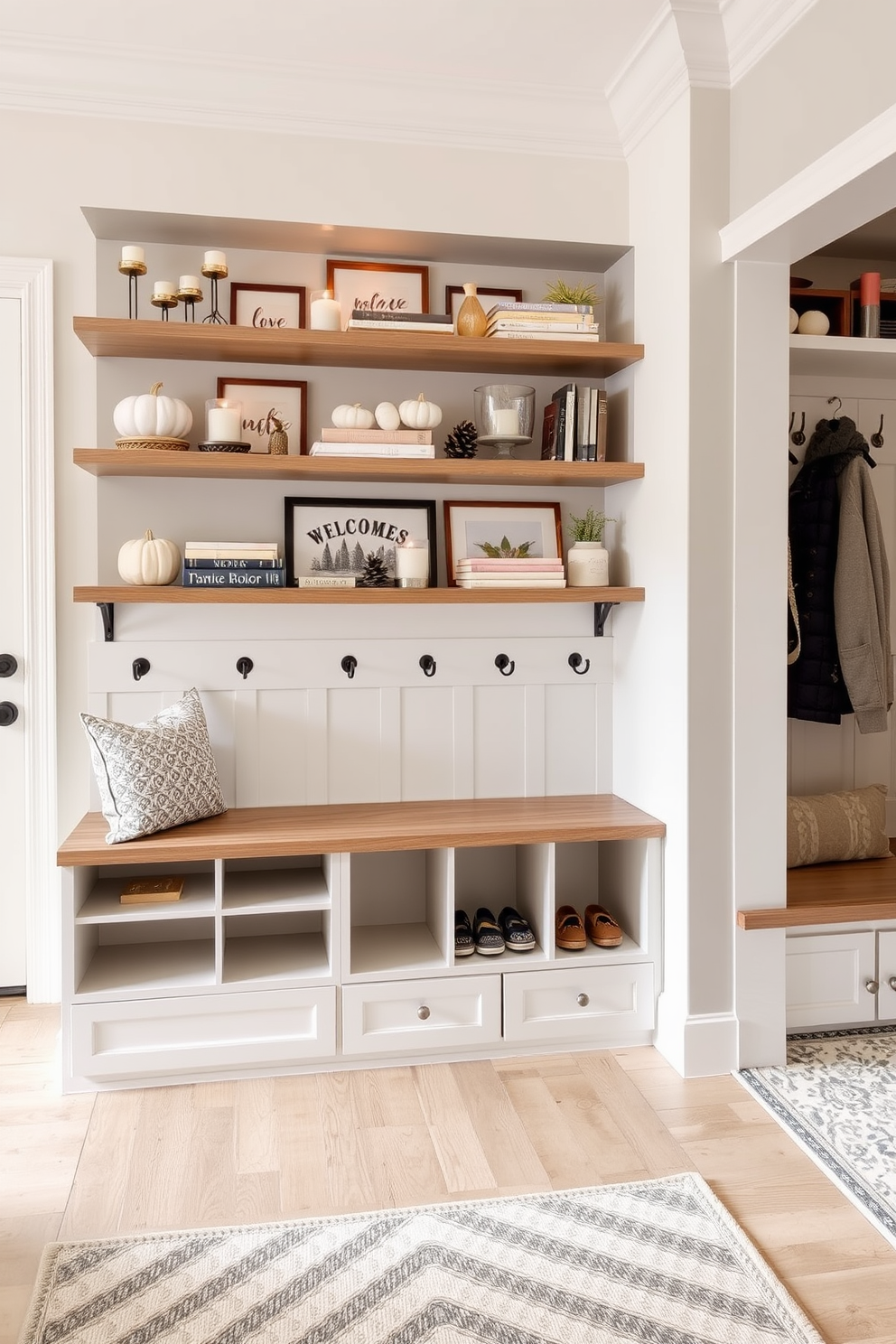 A seasonal decor display on shelves features an array of carefully curated items that reflect the current season. Soft pastel colors and natural elements create a warm and inviting atmosphere, with decorative pumpkins or pinecones artfully arranged among books and candles. The mudroom near the garage is designed for functionality and style. It includes built-in benches with storage cubbies, hooks for coats, and a stylish area rug to welcome guests while keeping the space organized.