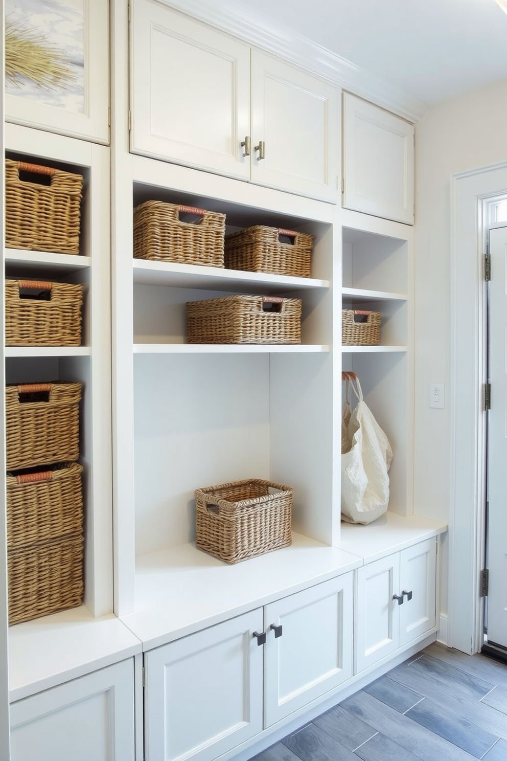 A mudroom near the garage features built-in cabinetry with a combination of open shelving and closed storage for a clean look. Woven baskets are neatly arranged on the shelves, providing stylish organization while adding texture to the space.