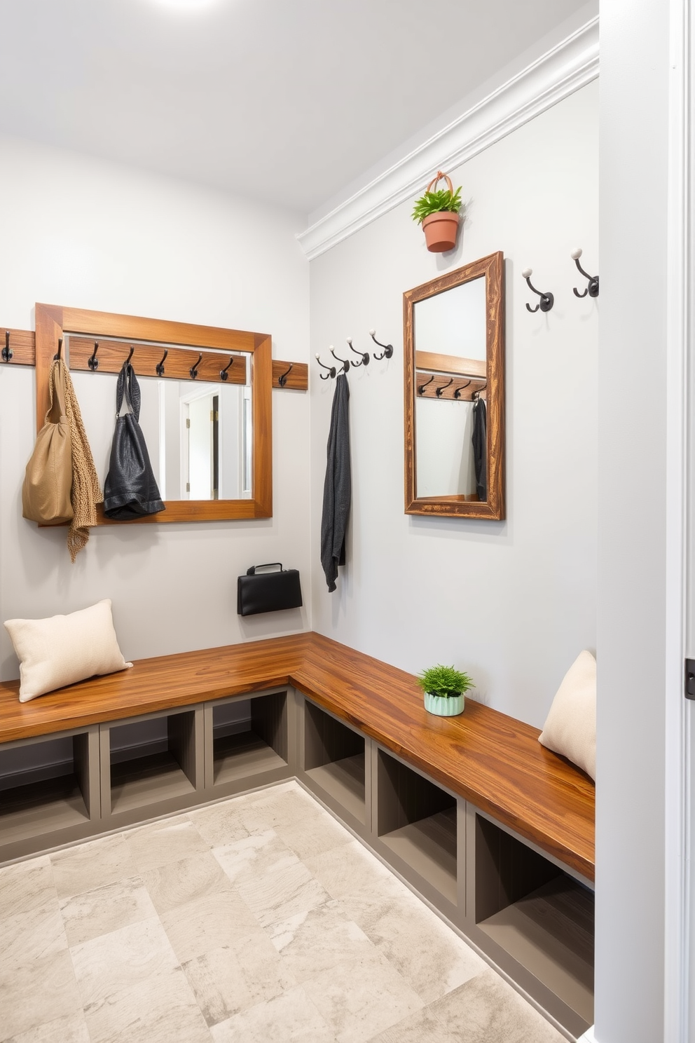 A functional mudroom near the garage features vertical storage solutions to maximize space. Tall cabinetry with open shelving provides easy access to frequently used items, while hooks for coats and bags are mounted on the wall.