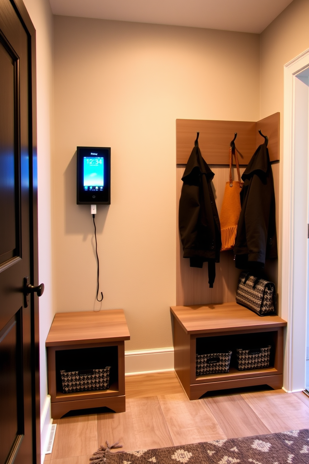 A functional mudroom near the garage features a wall-mounted charging station for devices. The space includes built-in benches with storage underneath and hooks for coats, creating an organized and welcoming entryway.