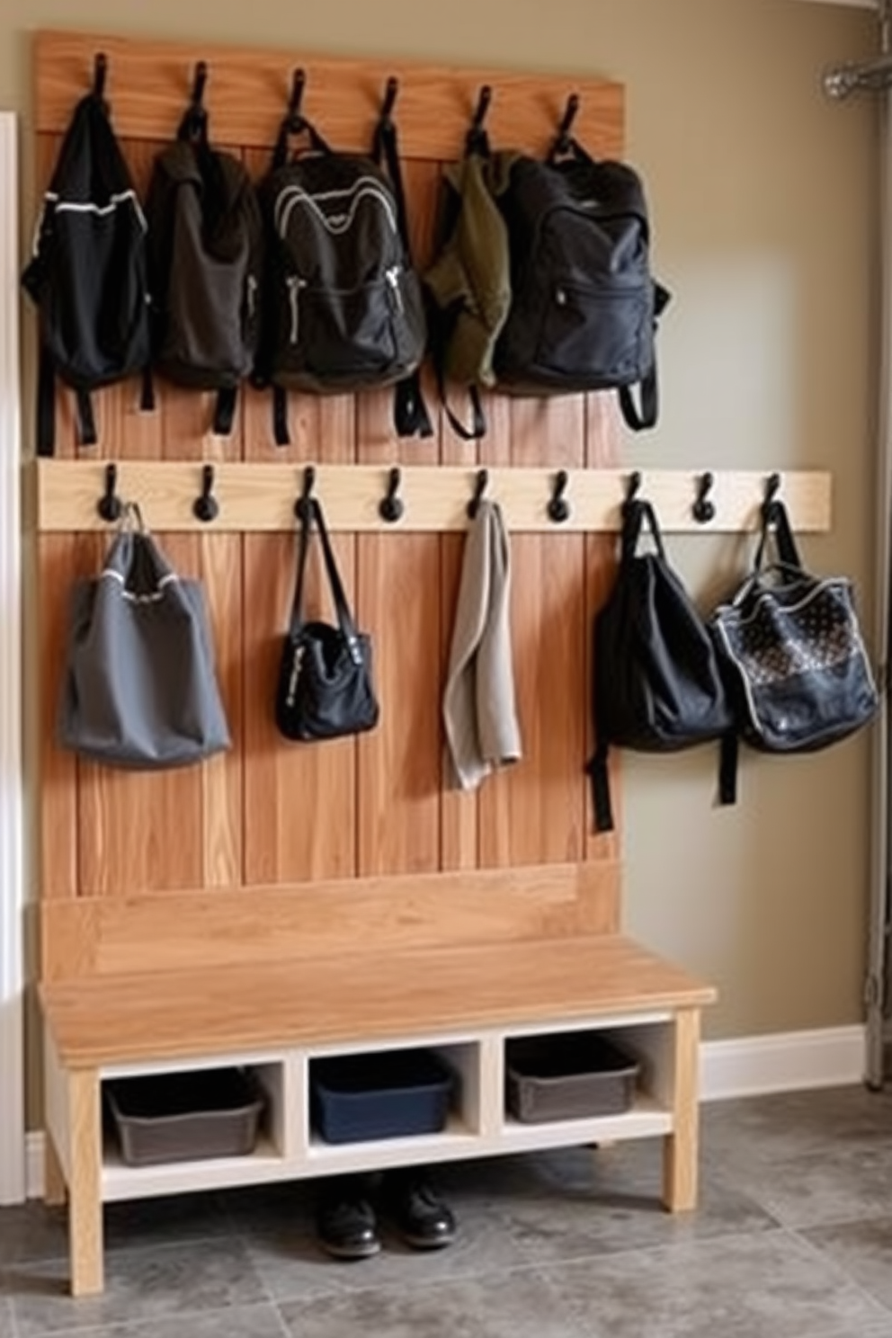 Foldable seating is integrated into the mudroom design, providing a versatile solution for both storage and comfort. The space features built-in cubbies for shoes and outdoor gear, with a stylish bench that can be tucked away when not in use. Adjacent to the garage, the mudroom showcases a practical layout with easy access for busy families. The walls are adorned with hooks for coats and bags, while a durable floor material ensures easy cleanup after outdoor activities.