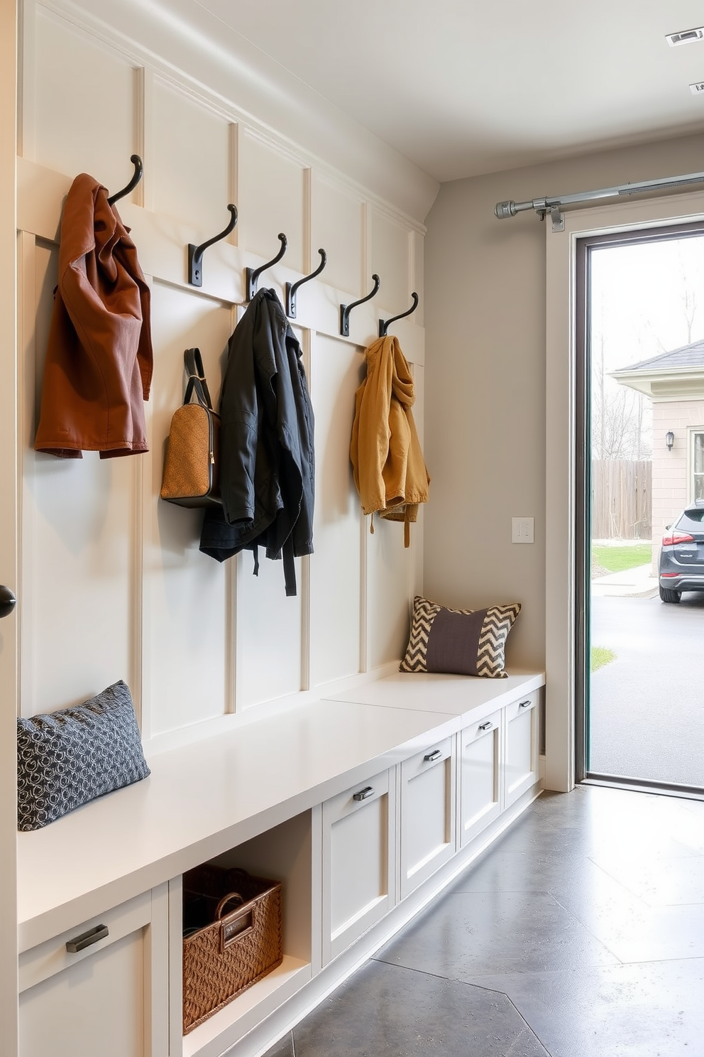 A functional mudroom design near the garage features a row of stylish wall hooks for easy access to jackets. The space is enhanced with a built-in bench for seating and storage, complemented by a durable floor that can withstand heavy foot traffic.