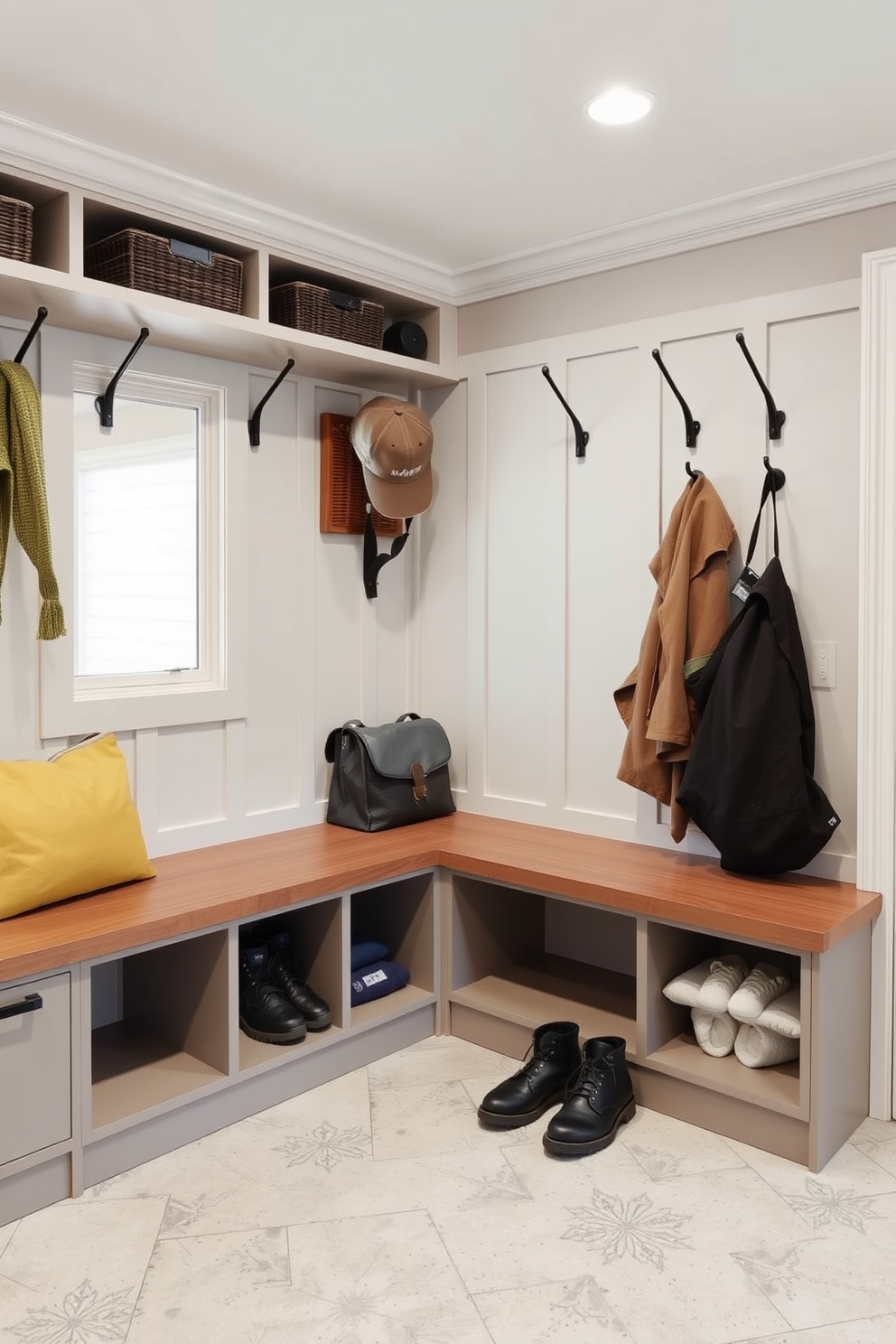 A functional mudroom island designed for extra workspace features a spacious countertop made of reclaimed wood. Below the countertop, ample storage is provided with open shelves and closed cabinets for organization. The mudroom is situated near the garage, allowing for easy access and convenience. Soft gray walls complement the rustic charm of the island, while a large window invites natural light into the space.