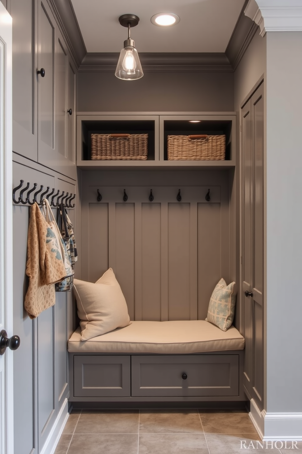 A stylish mudroom near the garage features built-in cabinetry with a combination of open and closed storage. Accent lighting highlights the space, with pendant lights hanging above a bench area adorned with plush cushions. The walls are painted in a soft gray, complemented by a durable tile floor that withstands heavy foot traffic. A series of hooks line one wall, providing a convenient place for coats and bags, while decorative baskets are neatly arranged on the shelves for added organization.