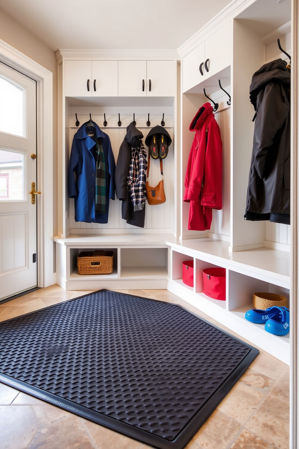 A functional mudroom near the garage features a durable floor mat designed to trap dirt and moisture effectively. The space includes built-in storage benches and hooks for coats, creating an organized and welcoming entryway.