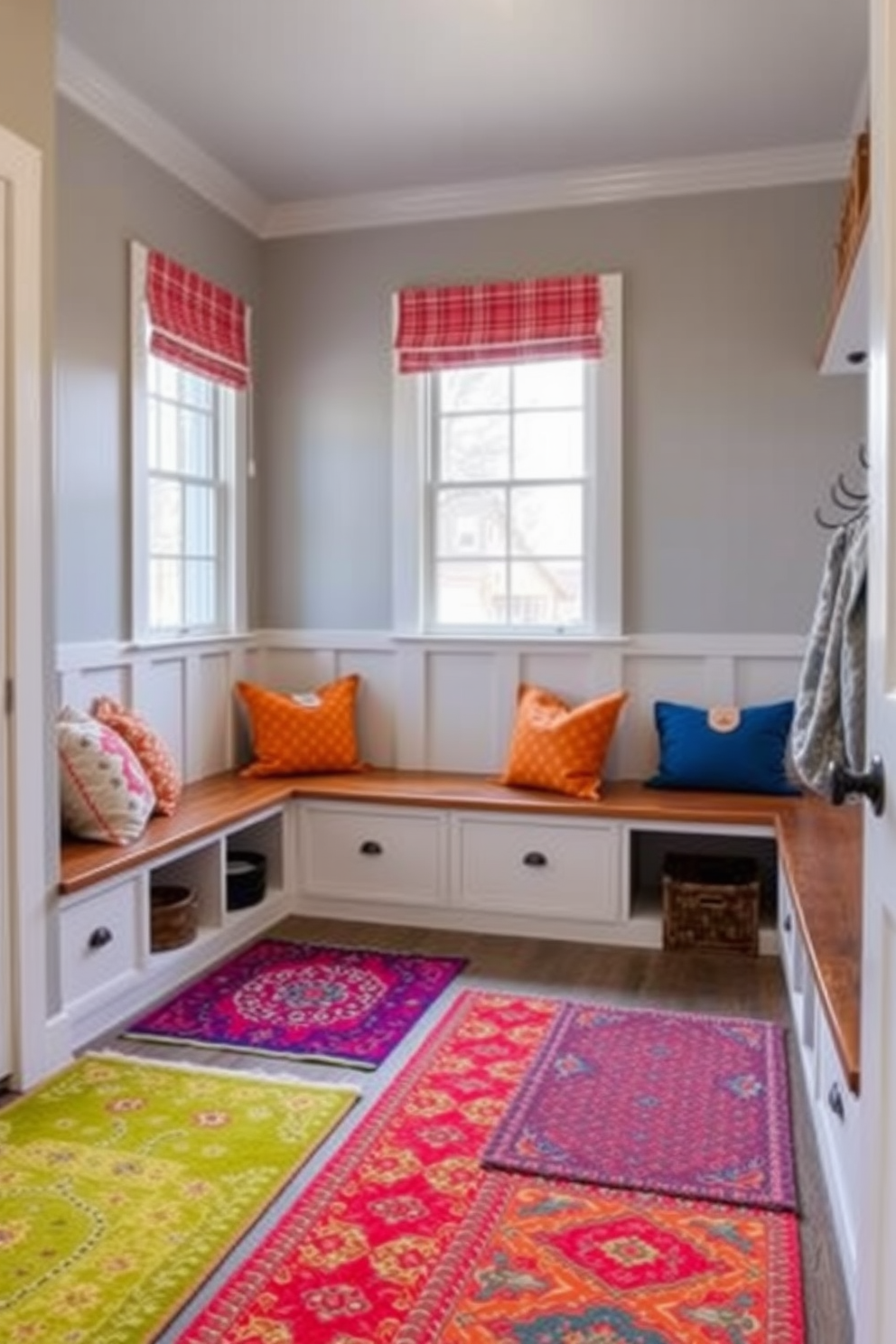 A vibrant mudroom near the garage features colorful rugs that add warmth and personality to the space. The walls are painted in a soft gray, while built-in storage benches with hooks provide functionality and organization.