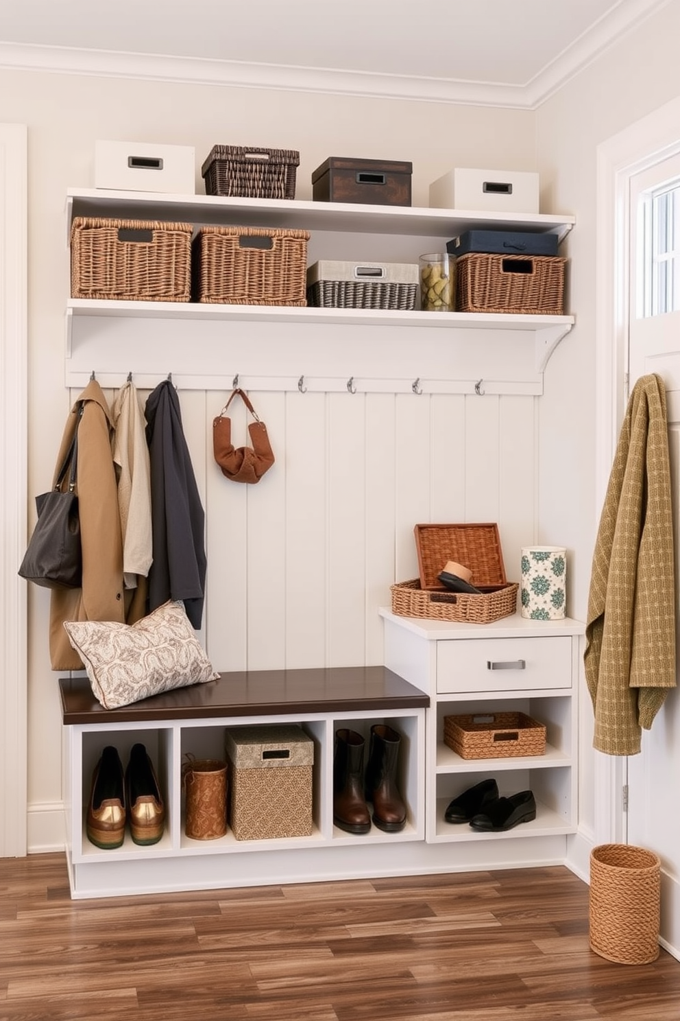 Vertical storage solutions for small spaces. The design features wall-mounted shelves filled with neatly arranged baskets and decorative boxes, maximizing vertical space while maintaining an organized look. Mudroom near garage design ideas. The layout includes a built-in bench with hooks above for coats, and a combination of open and closed storage for shoes and outdoor gear, creating a functional yet stylish entryway.