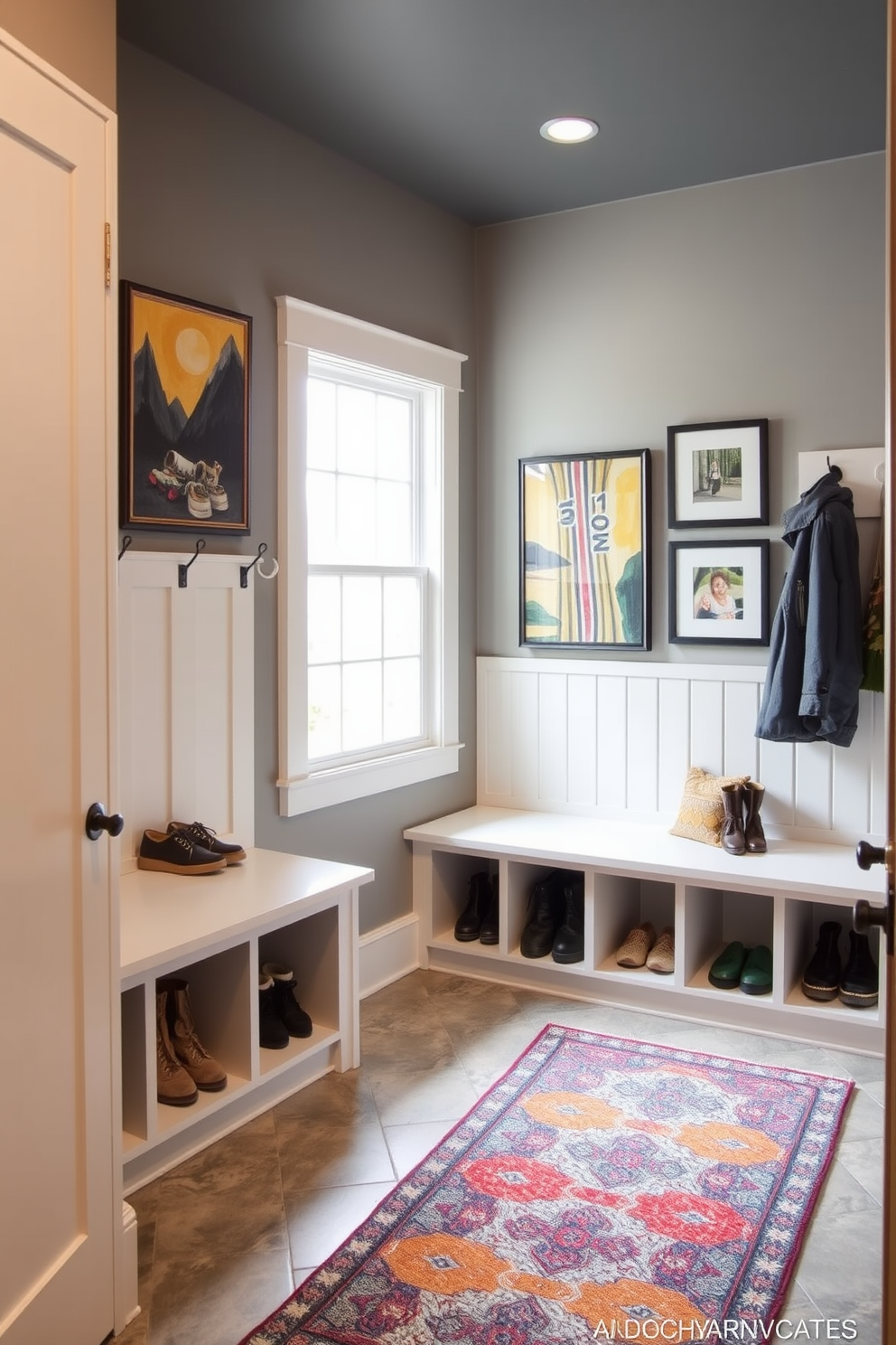 A mudroom designed near the garage features a spacious layout with built-in storage benches and cubbies for shoes and coats. The walls are adorned with framed artwork that reflects personal style, adding warmth and character to the space. The floor is covered with durable tiles that can withstand heavy foot traffic, complemented by a colorful area rug for comfort. Natural light floods in through a window, illuminating the artwork and creating an inviting atmosphere.