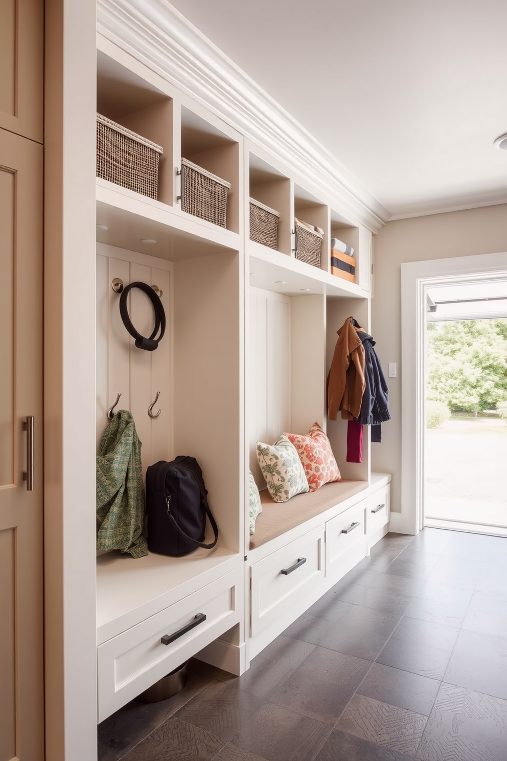 A functional mudroom design adjacent to the garage features built-in cabinetry with hidden storage solutions for seasonal items. The space includes a bench with cushioned seating and hooks for hanging coats, while the flooring is durable and easy to clean.