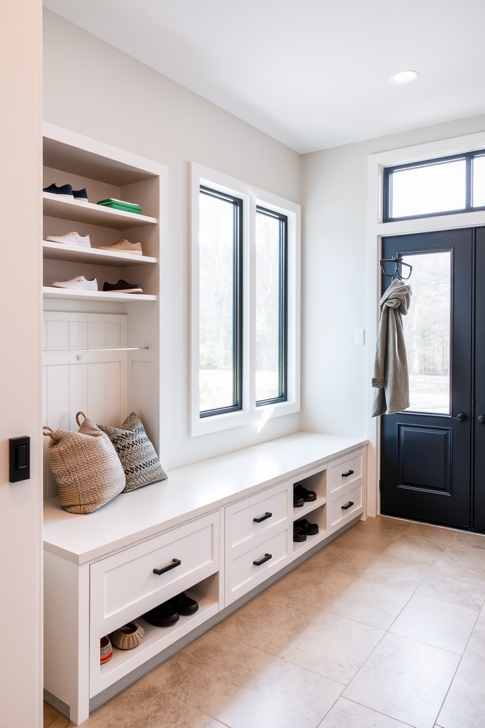 A sleek modern mudroom design features a built-in bench with clean lines and ample storage underneath. The walls are adorned with minimalist shelving for shoes and accessories, while large windows allow natural light to illuminate the space. The flooring is a durable tile in a neutral tone, complementing the contemporary aesthetic. A stylish coat rack is mounted near the entrance, providing functionality without compromising the modern look.