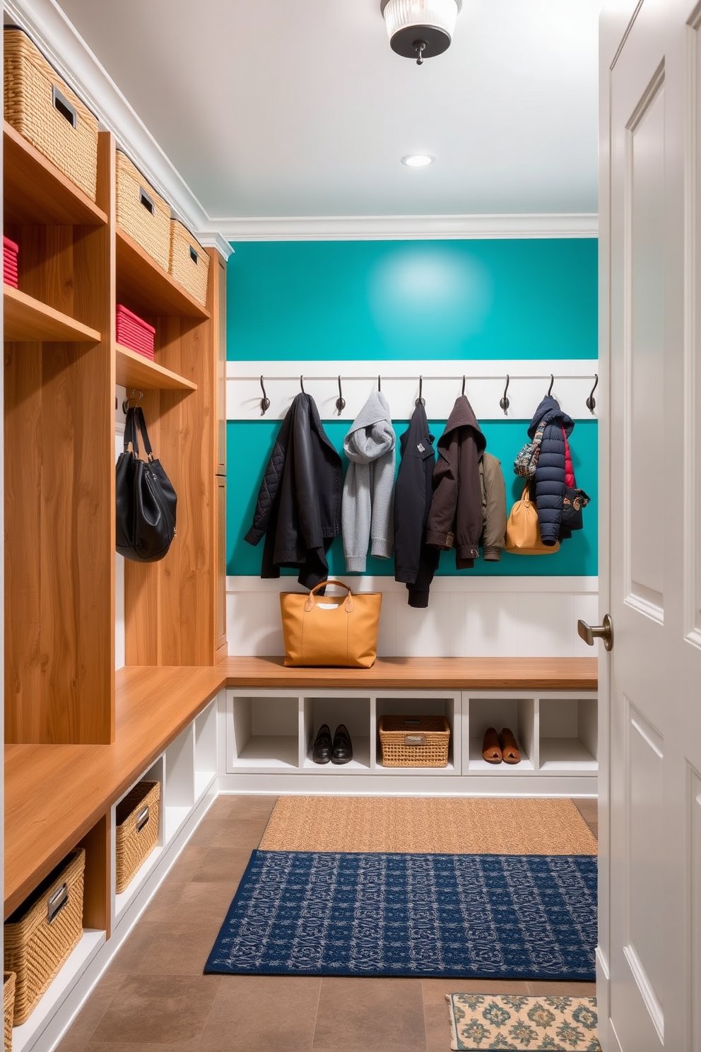 A mudroom near the garage features a brightly colored accent wall that energizes the space. The wall is painted in a vibrant shade of teal, complemented by built-in storage benches and hooks for coats and bags.