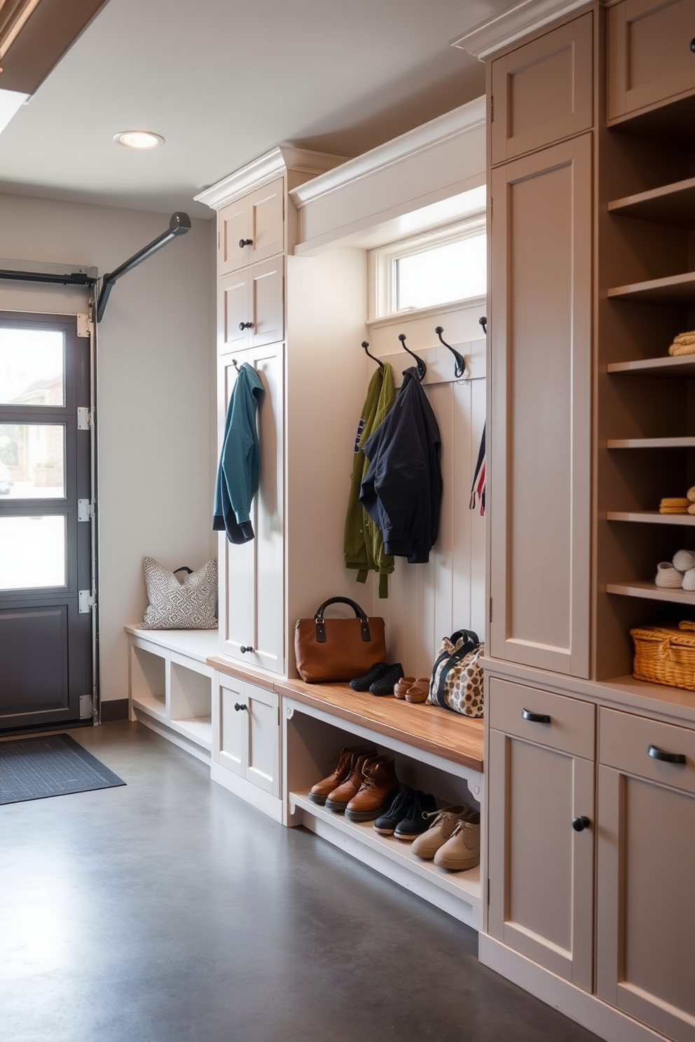 A spacious mudroom near the garage features multi-functional furniture for versatility. A built-in bench with storage underneath provides a perfect spot for sitting while removing shoes, and wall-mounted hooks keep coats and bags organized. Adjacent to the bench, a tall cabinet with shelves offers additional storage for outdoor gear and seasonal items. The space is brightened with natural light from a nearby window, and a durable, easy-to-clean floor adds practicality to the design.