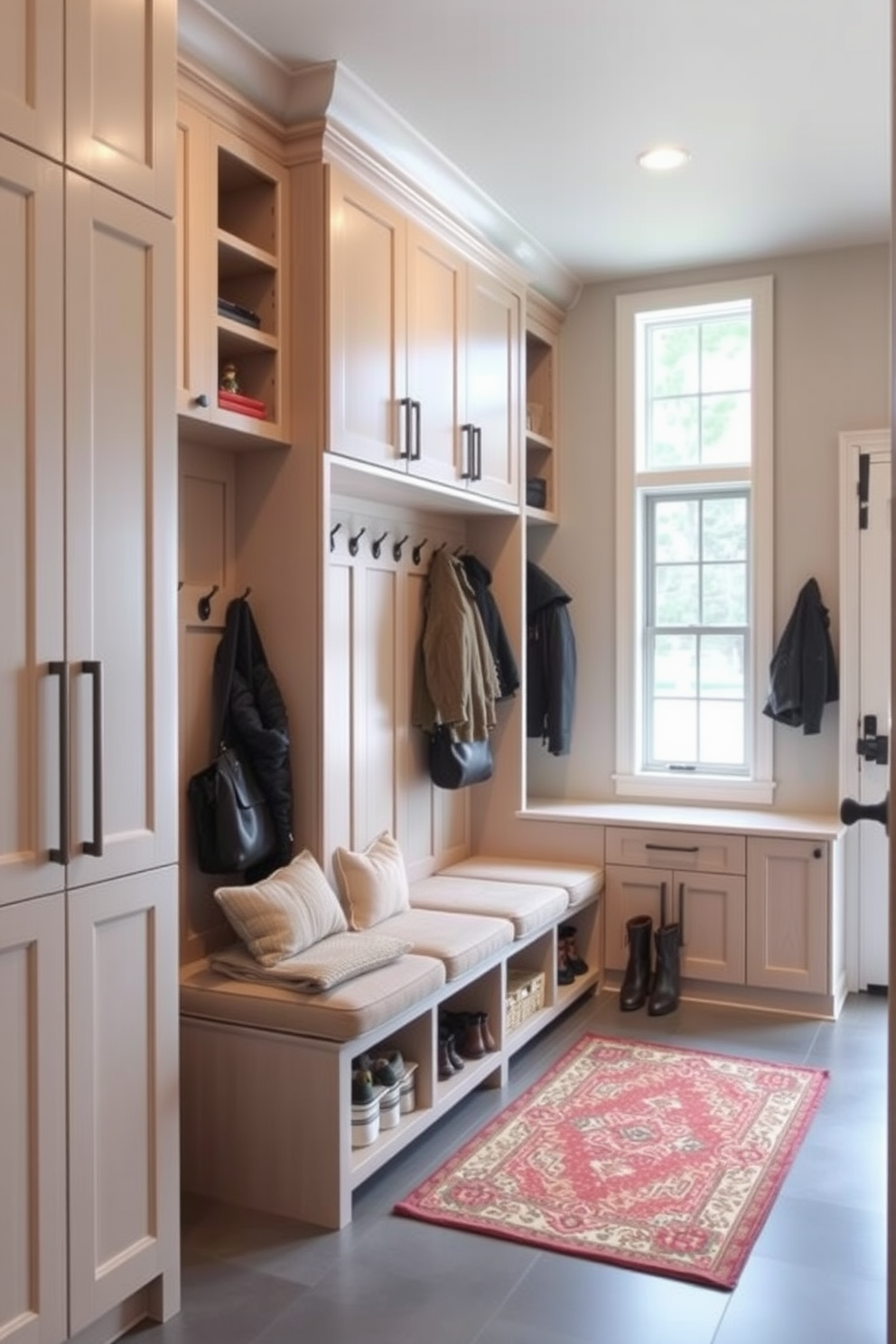 A spacious mudroom near the garage features built-in cabinets that provide organized storage for shoes, coats, and outdoor gear. The cabinets are crafted from light wood with a smooth finish, and the walls are painted in a soft gray to create a welcoming atmosphere. A large bench with plush cushions is positioned beneath a row of hooks for hanging jackets, while a decorative rug adds warmth to the space. Natural light floods in through a nearby window, highlighting the functionality and style of the design.