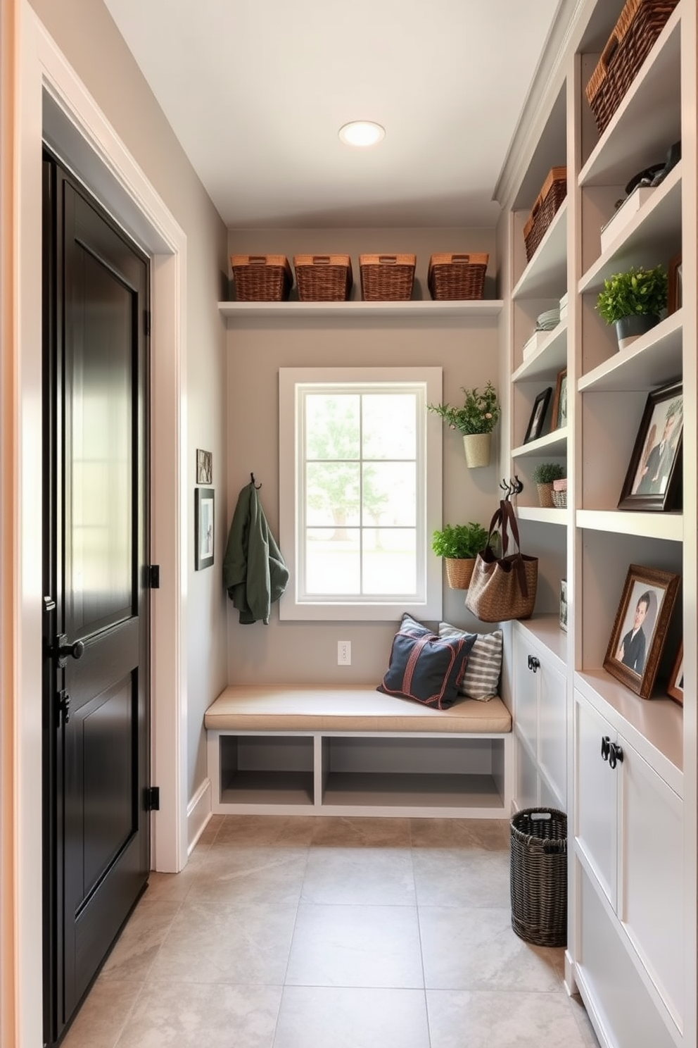 Open shelving lines the walls of the mudroom, providing a stylish and functional space for decorative display options. The shelves are filled with neatly arranged baskets, potted plants, and framed photos, creating an inviting atmosphere. Adjacent to the garage, the mudroom features a built-in bench with cushioned seating and hooks above for hanging coats and bags. The floor is tiled in a durable, easy-to-clean material, and a large window allows natural light to brighten the space.