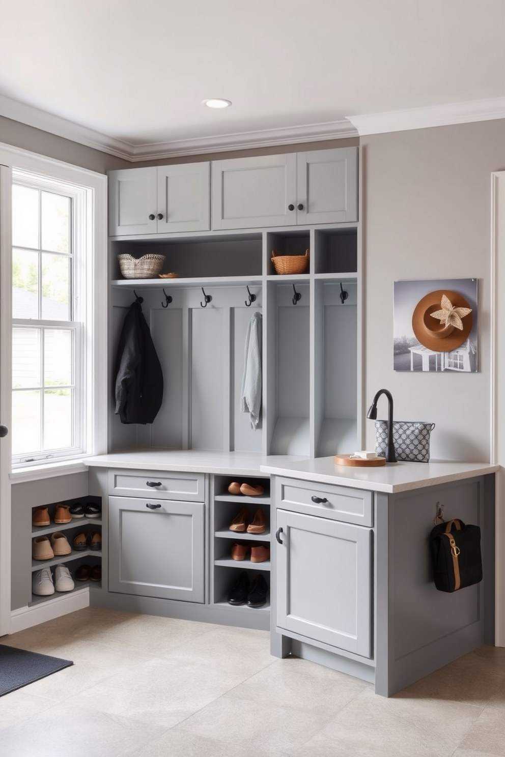 A functional mudroom island with ample storage space and a countertop for additional workspace. The design includes built-in cubbies for shoes and bags, with a bench for seating and hooks above for coats. The mudroom is located near the garage, featuring a durable flooring material that can withstand heavy traffic. Large windows provide natural light, while a color palette of soft grays and whites creates an inviting atmosphere.