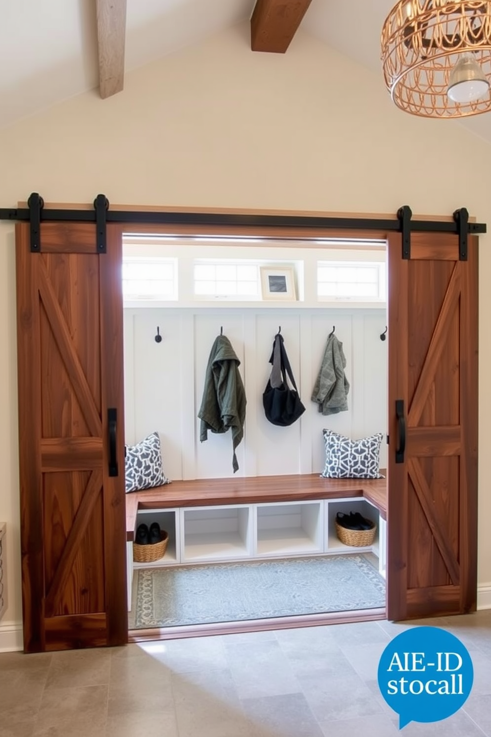 A sliding barn door opens up to a functional mudroom designed for easy access from the garage. The space features built-in benches with storage underneath and hooks for coats, creating an organized and welcoming entryway.