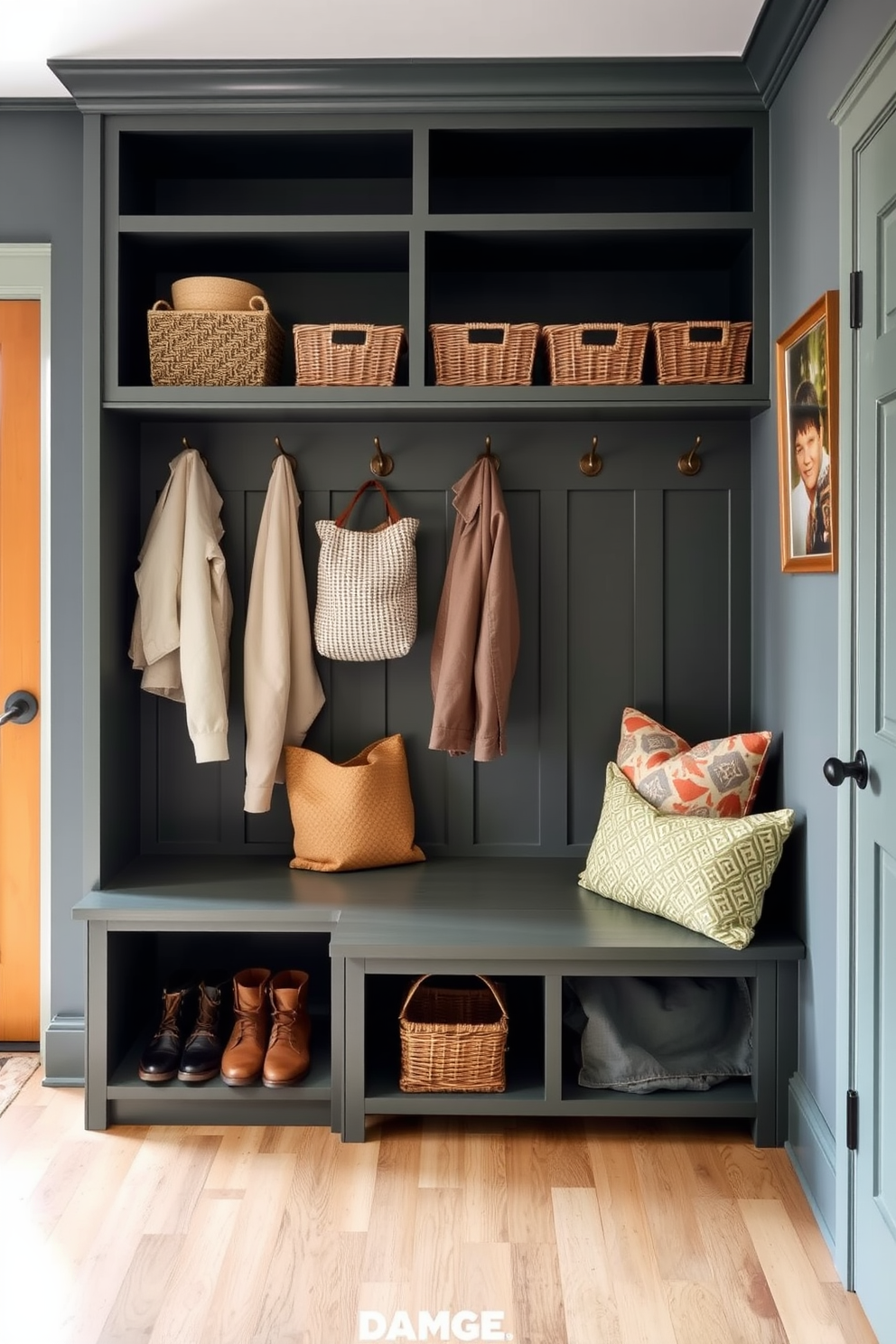 A functional mudroom near the garage features wall-mounted baskets for small items, providing an organized and stylish solution for storage. The space is designed with a durable, easy-to-clean flooring and a neutral color palette that complements the overall aesthetic.