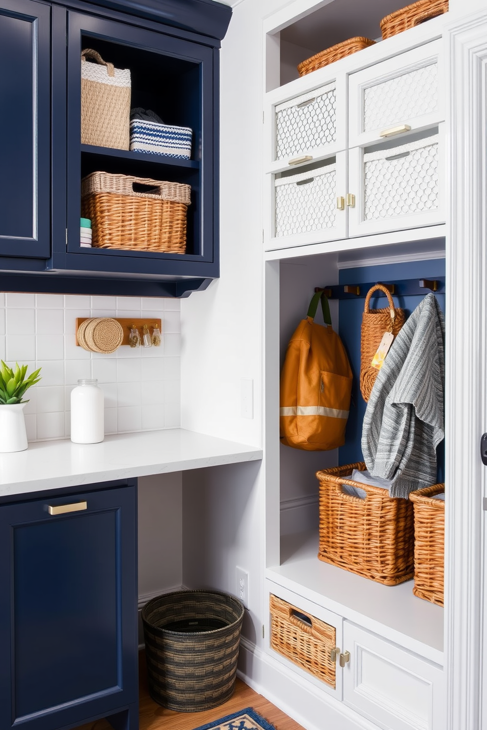 A functional mudroom near the kitchen features open shelving for easy access storage. The shelves are filled with neatly organized baskets and everyday items, creating a welcoming and efficient space.