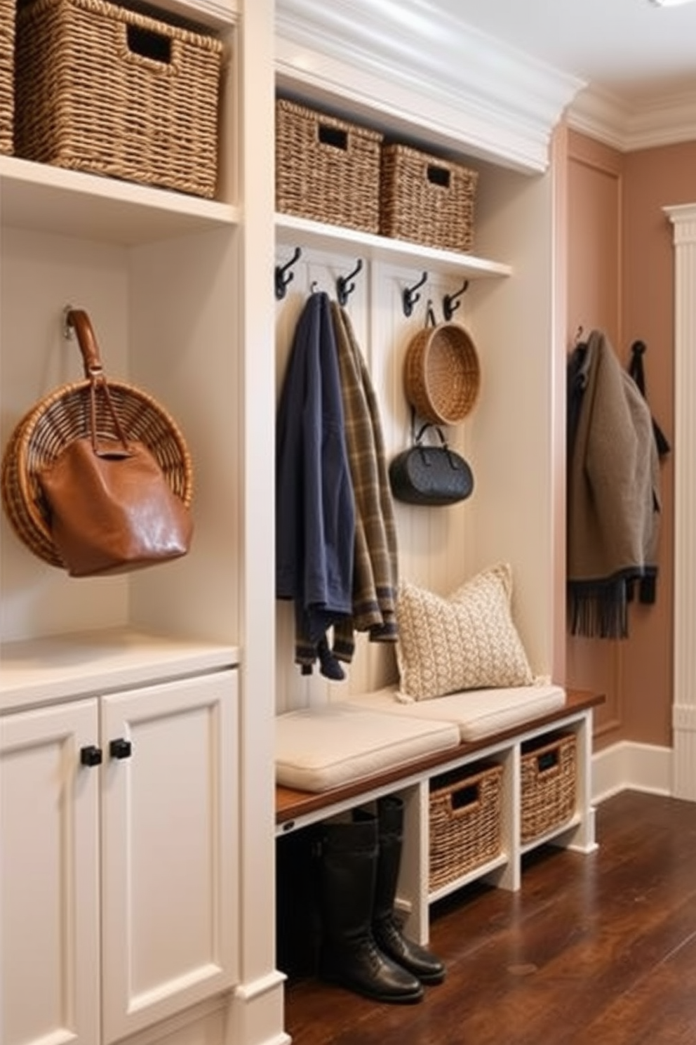 Create a stylish mudroom near the kitchen that features woven baskets for organization. The space includes a built-in bench with soft cushions, and the walls are adorned with hooks for hanging coats and bags.