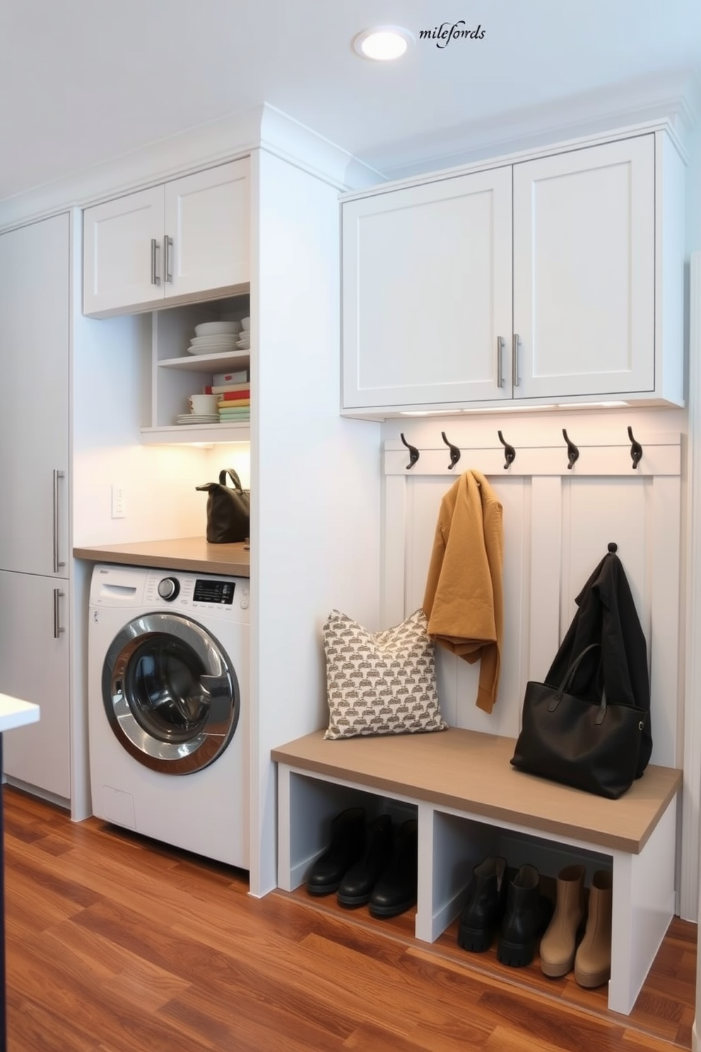 Integrated laundry area for convenience. The space features sleek cabinetry with a countertop for folding clothes and a built-in washer and dryer, maximizing functionality while maintaining a clean aesthetic. Mudroom near kitchen design ideas. This area includes a bench with storage underneath for shoes, hooks for coats, and a decorative wall panel that adds charm while keeping the space organized.