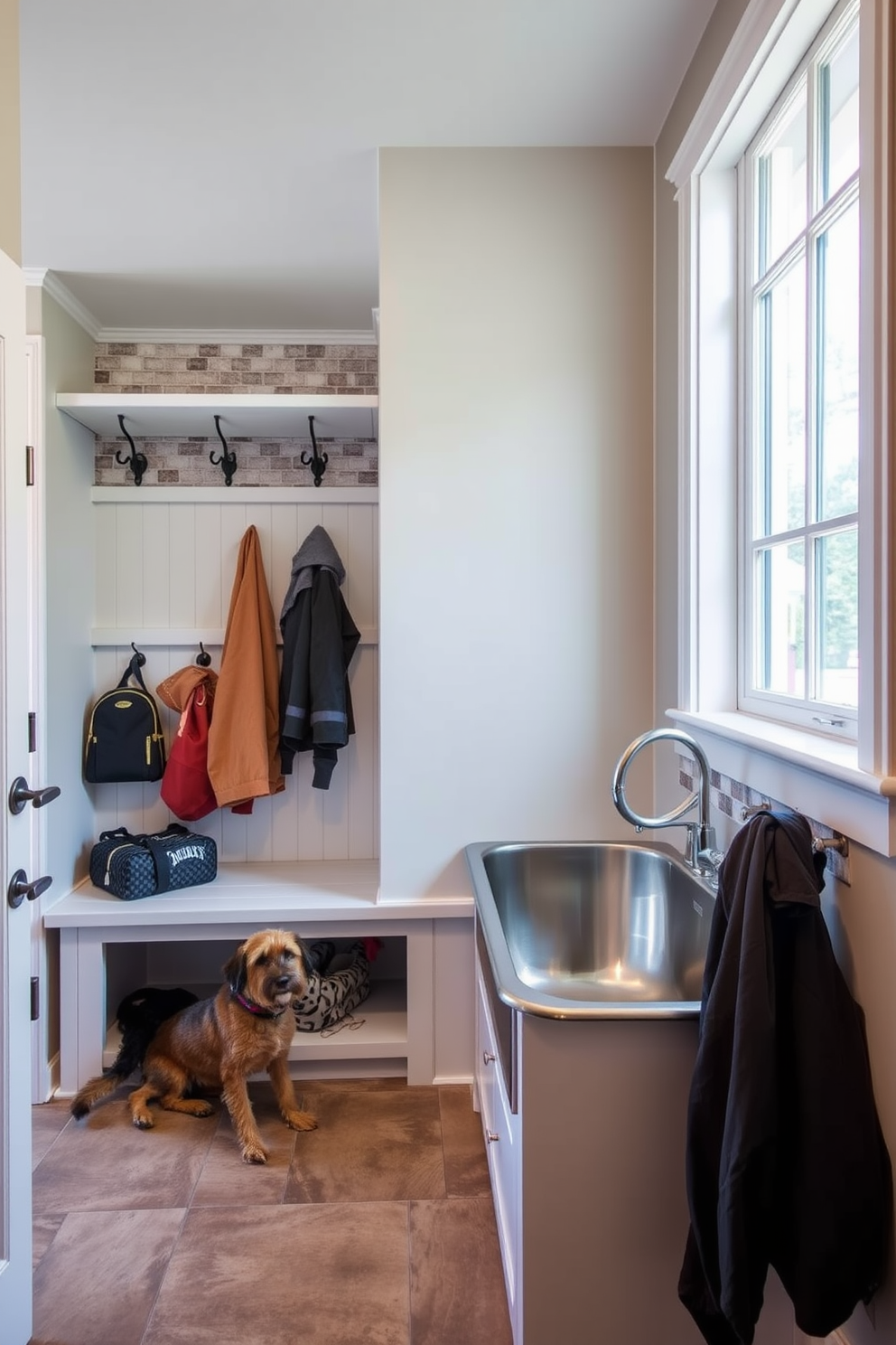 A functional mudroom design featuring glass front cabinets for displaying decorative items and storing everyday essentials. The cabinets are built into the wall, with a bench below for seating and hooks above for hanging coats and bags.