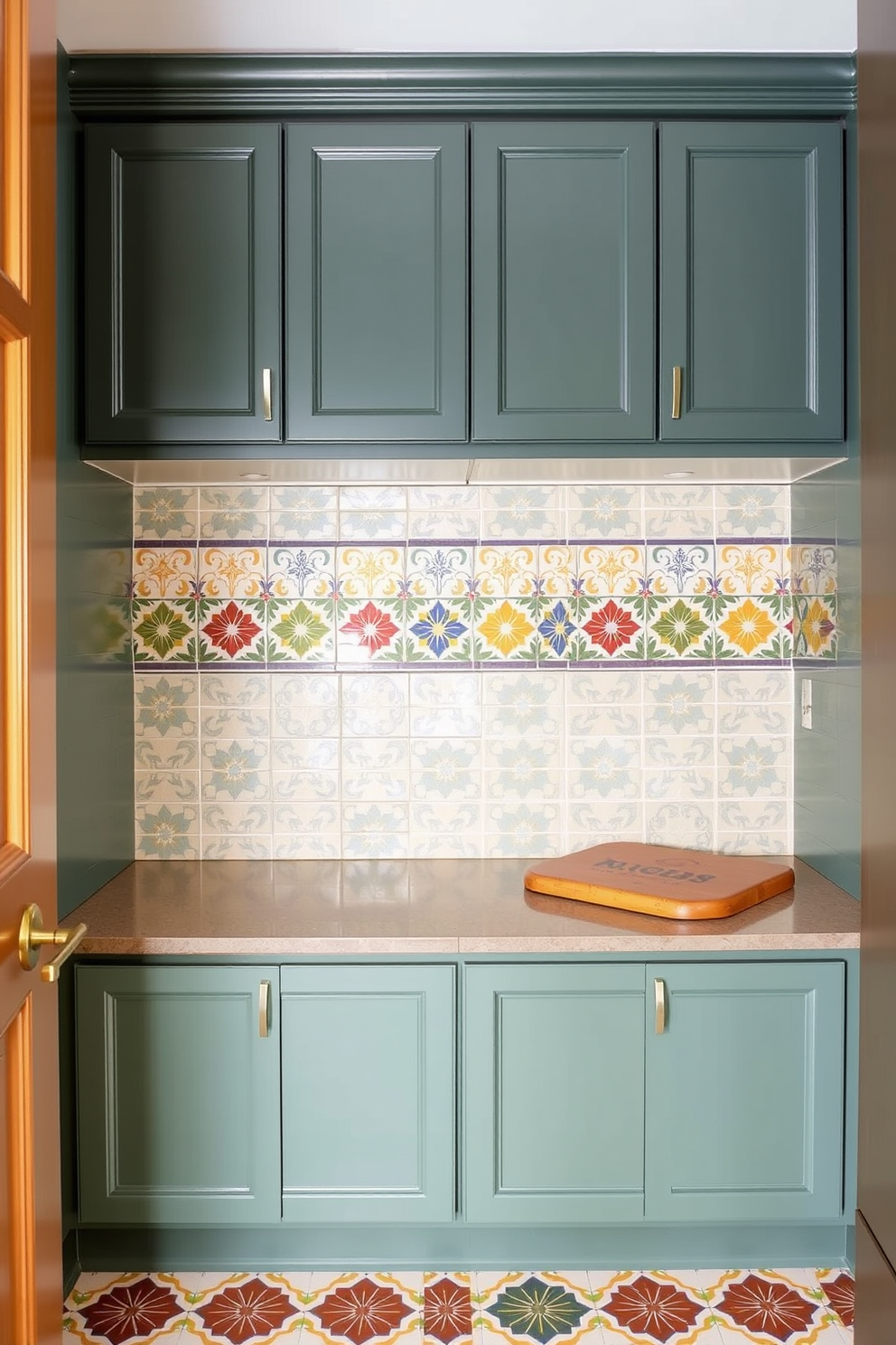 A decorative tile backsplash adds visual interest and character to a mudroom near the kitchen. The space features colorful patterned tiles that complement the cabinetry and create a warm, inviting atmosphere.