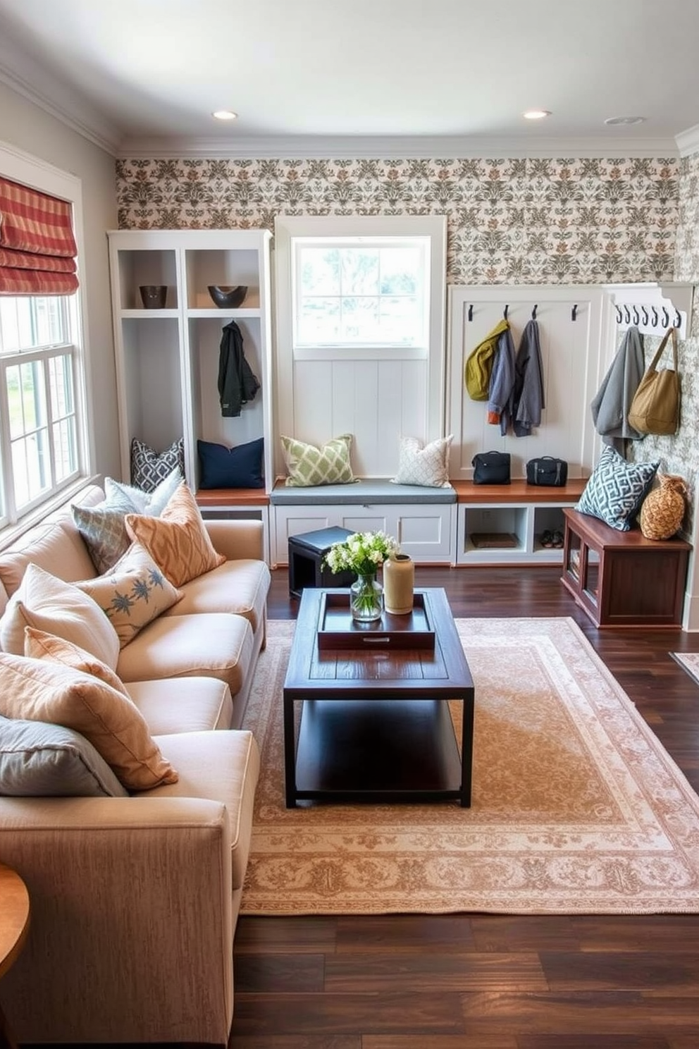 A cozy seating area designed for comfort features plush cushions in various textures and colors arranged on a large sectional sofa. A stylish coffee table sits in the center, surrounded by a few accent chairs and soft area rugs to enhance the inviting atmosphere. The mudroom near the kitchen showcases a functional layout with built-in storage benches and hooks for coats. The walls are adorned with a cheerful wallpaper, and the flooring is durable yet stylish, perfect for managing everyday wear and tear.