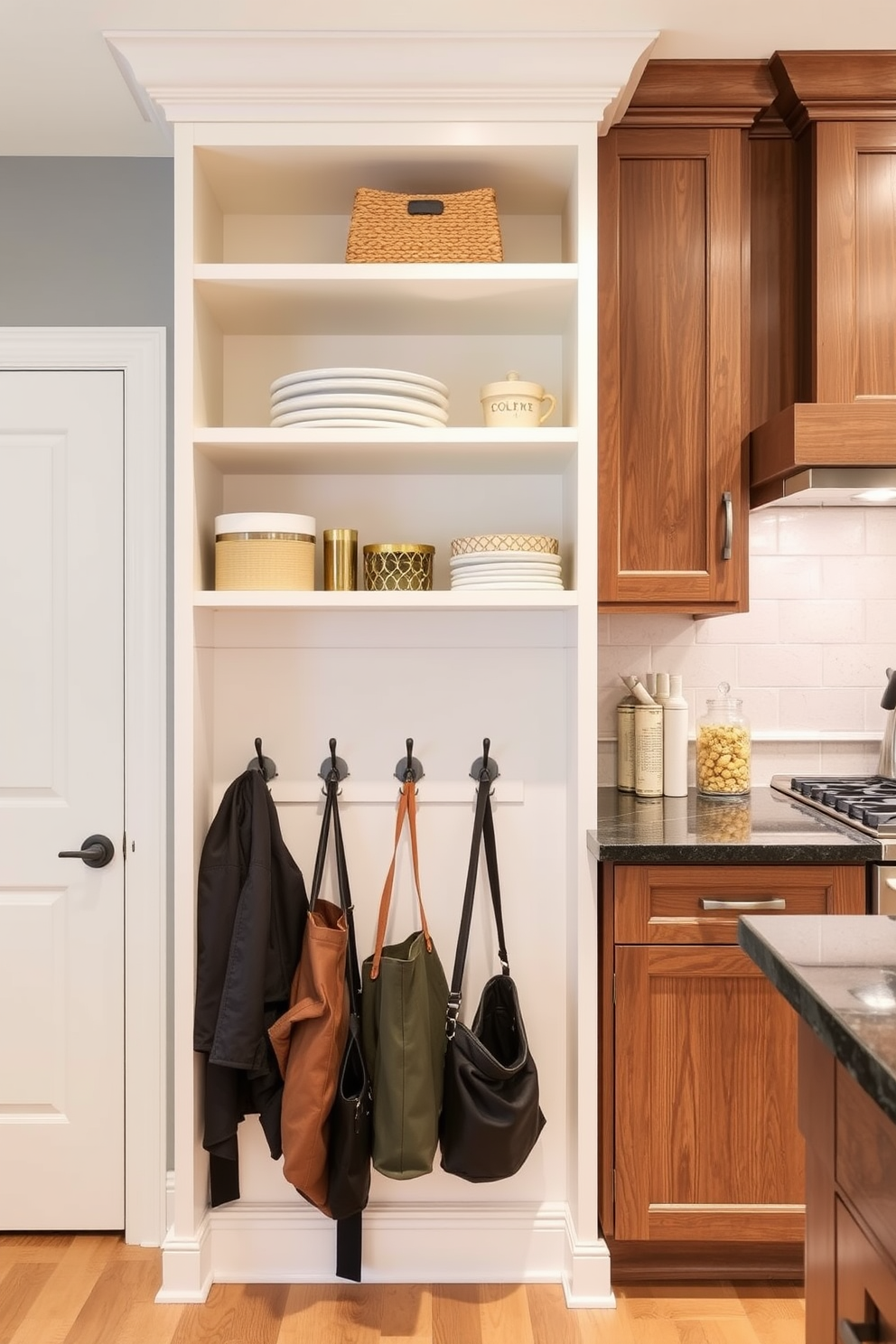 A functional mudroom near the kitchen features a wall lined with open shelves for easy access to everyday items. Below the shelves, there are sturdy hooks for hanging coats and bags, creating an organized space for family coordination.