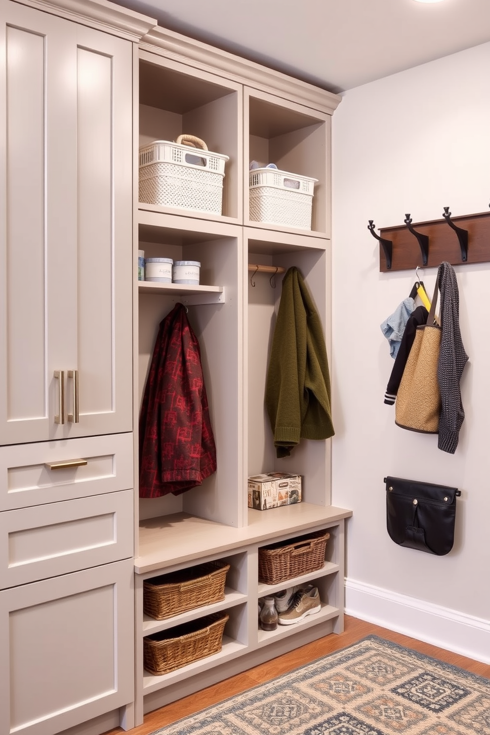 Vertical storage solutions to maximize space in a mudroom near the kitchen. The design features tall cabinets with open shelving above for easy access to frequently used items, complemented by a bench for seating and a wall-mounted coat rack for organization.