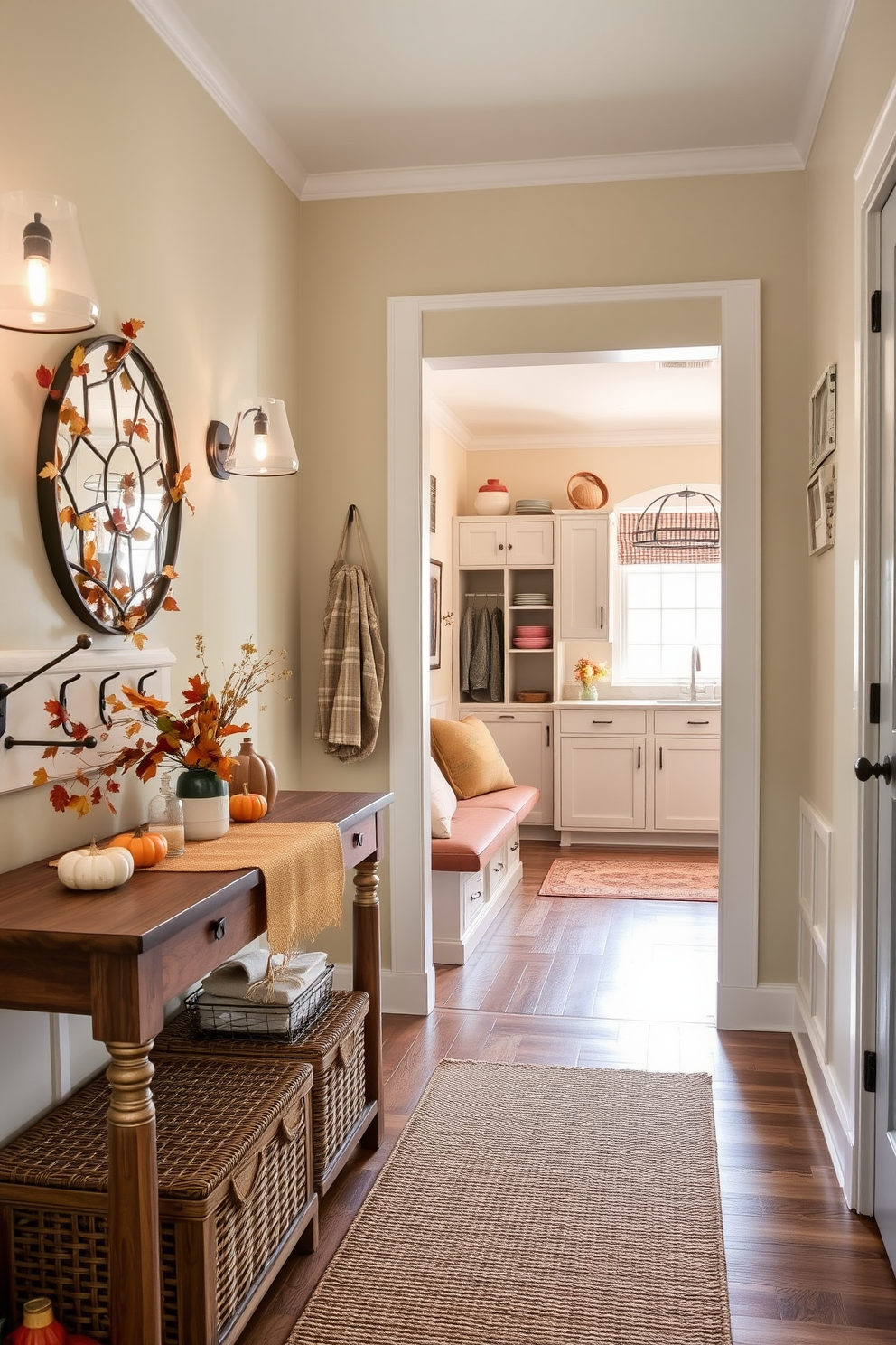 A warm and inviting entryway adorned with seasonal decor. A rustic console table is decorated with autumn leaves, small pumpkins, and a cozy woven runner. A functional mudroom designed for convenience and style. Built-in storage benches are paired with hooks for coats and a cheerful color palette to create a welcoming space. A seamless transition from the kitchen to the mudroom enhances functionality. Open shelving displays decorative kitchenware while providing easy access to everyday items.