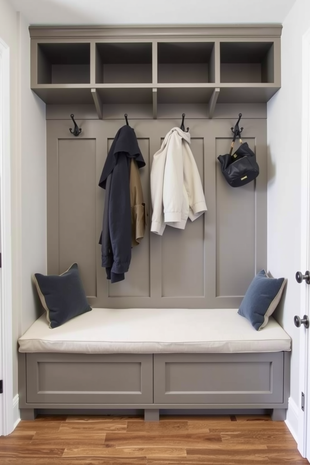 A functional mudroom design featuring open shelving for easy access to everyday items. The shelves are crafted from reclaimed wood and are adorned with decorative baskets for organization, while a built-in bench provides a cozy spot to sit and remove shoes.