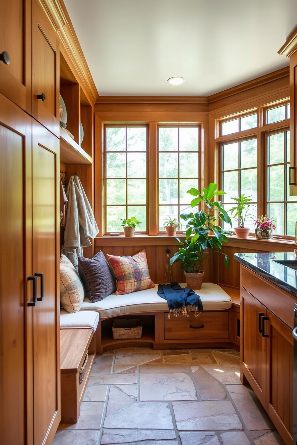 A stylish mudroom adjacent to the kitchen featuring textured wallpaper that adds depth and character to the space. The room includes a built-in bench with storage underneath and hooks for hanging coats, creating a functional yet inviting entryway.