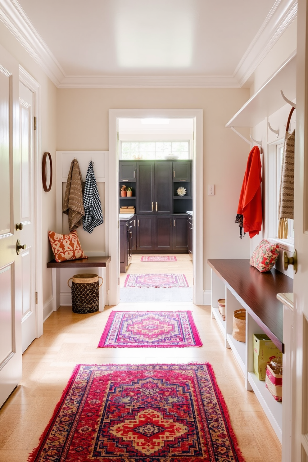 A mudroom located near the kitchen features colorful rugs that define the space and add warmth. The walls are painted in a soft neutral tone, while built-in storage benches with hooks create an organized and inviting atmosphere.