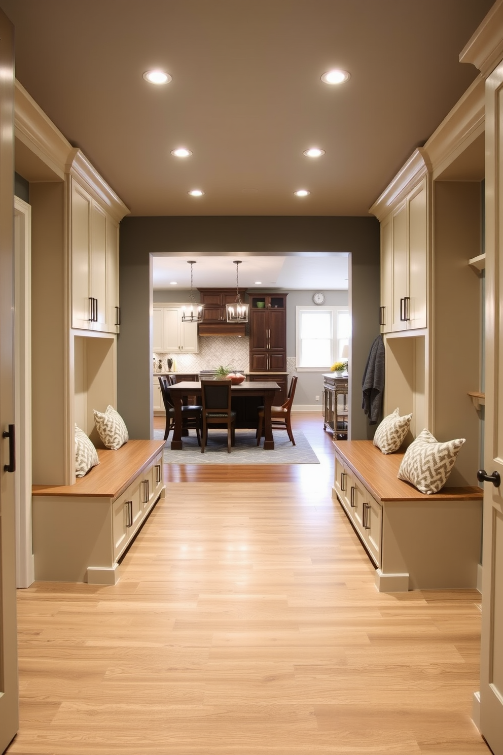 A welcoming mudroom seamlessly connects with the open concept kitchen. This space features built-in benches with storage underneath, surrounded by light-colored cabinetry and a stylish backsplash that complements the kitchen's aesthetic.