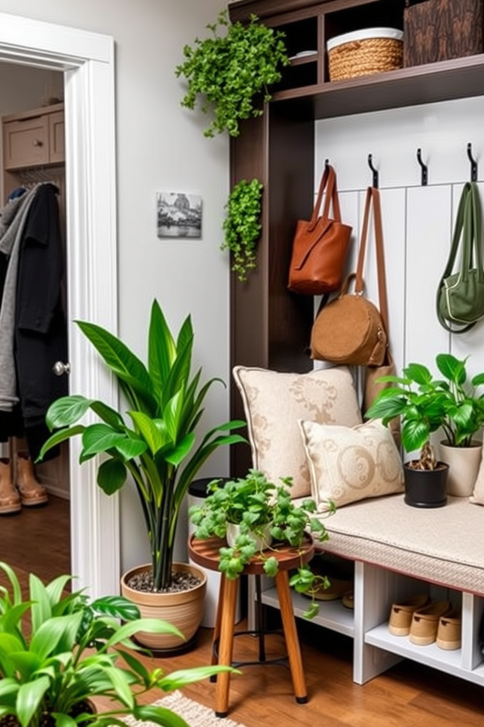 Personalized name tags adorn sleek storage bins in a well-organized mudroom. The space features a combination of warm wood tones and bright accents, creating an inviting atmosphere near the kitchen.