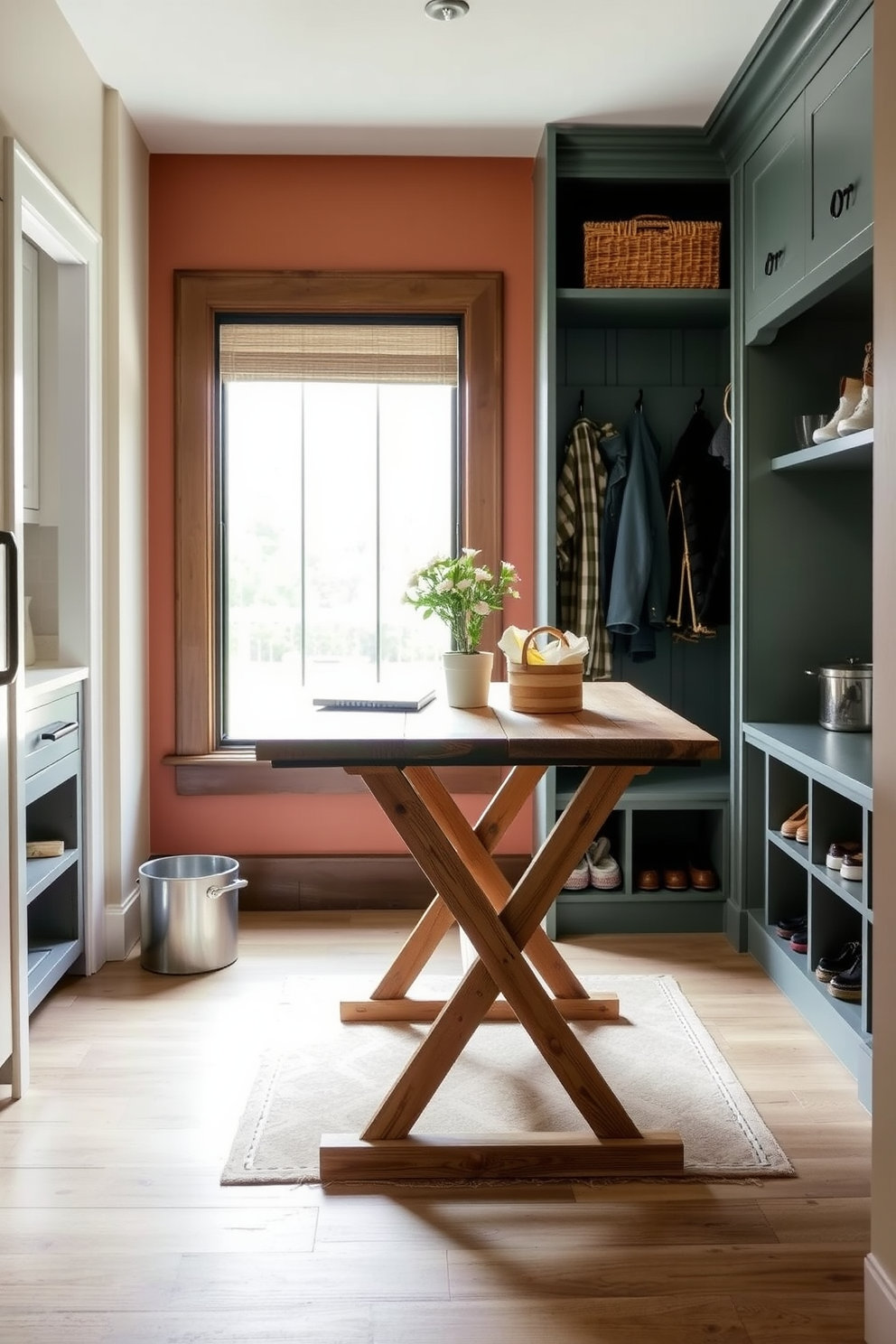 A functional mudroom adjacent to the kitchen features a folding table for additional workspace. The folding table is crafted from reclaimed wood and can be easily tucked away when not in use, maximizing space efficiency. The mudroom includes built-in storage solutions with hooks for coats and cubbies for shoes. Soft, durable flooring complements the space, while a large window allows natural light to brighten the area.