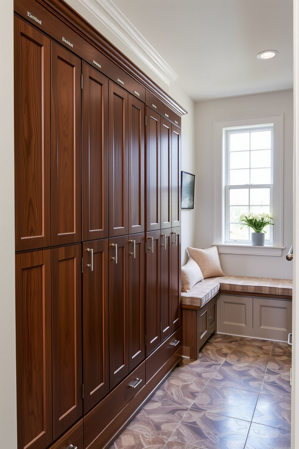 Mudroom lockers designed for an organized space feature a row of tall wooden lockers with a rich walnut finish. Each locker has a brushed nickel handle and a small nameplate for personalization, while the floor is adorned with durable, patterned tiles for easy cleaning. The mudroom is strategically located near the kitchen, creating a seamless transition between the two areas. A built-in bench with plush cushions sits beneath a large window, providing a cozy spot for putting on shoes and storing outdoor gear.