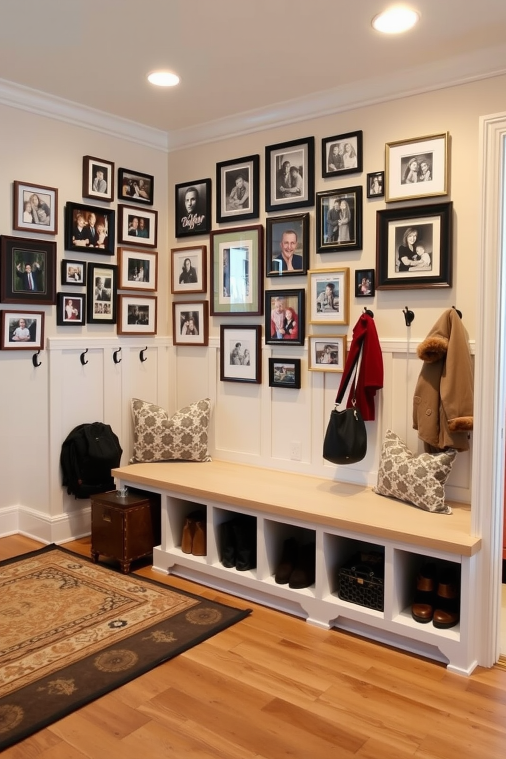 A cozy art display area for family photos. The walls are adorned with a mix of framed pictures in various sizes, creating a gallery effect that celebrates cherished memories. The mudroom features built-in storage with benches for convenience. Hooks line the walls for coats and bags, while a stylish rug adds warmth to the entrance near the kitchen.