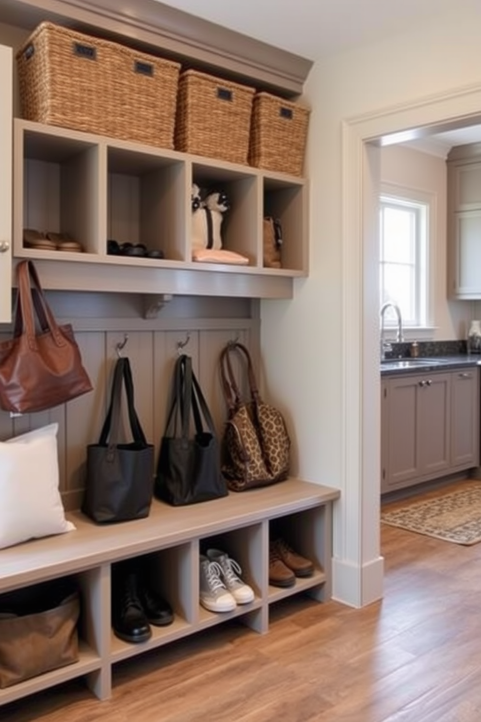 A cheerful mudroom design near the kitchen features colorful wall hooks at varying heights, perfect for kids to hang their backpacks. The walls are painted in a light, playful color, and the floor is covered with durable, easy-to-clean tiles that complement the overall aesthetic.