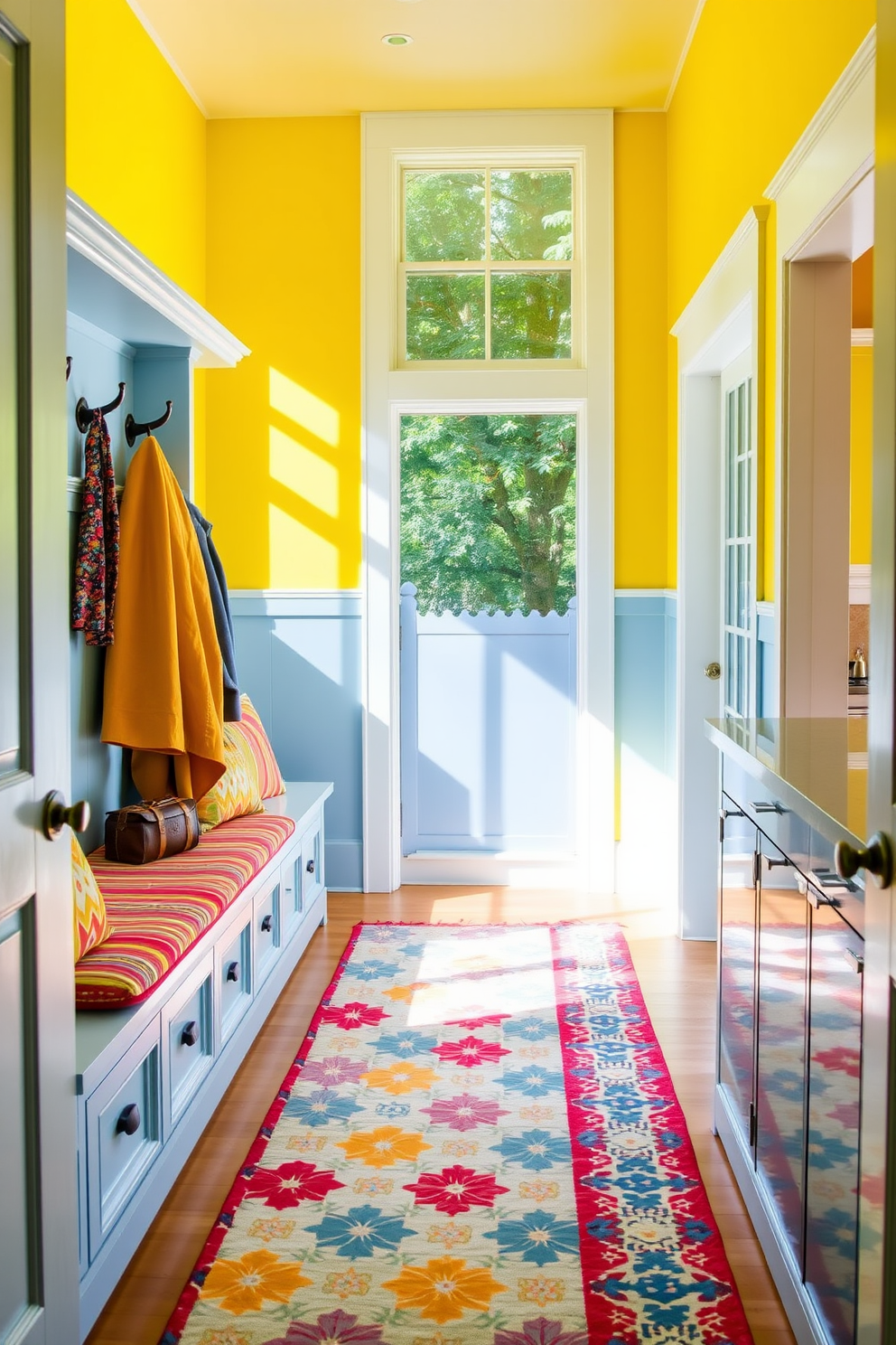 Bright colors to enhance natural light create an inviting atmosphere in the mudroom. The space features a combination of cheerful yellow and soft blue accents, with ample windows allowing sunlight to flood in. The mudroom includes built-in storage benches with colorful cushions and hooks for hanging coats. A vibrant patterned rug adds a playful touch to the floor, seamlessly connecting the mudroom to the adjacent kitchen.