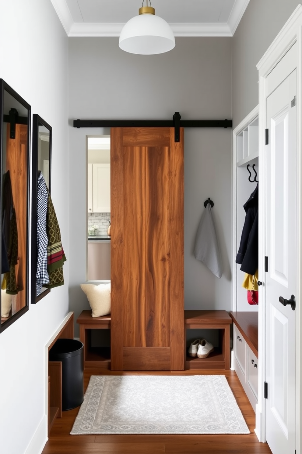 A stylish mudroom features a sliding barn door that elegantly separates the space from the kitchen. The room is designed with built-in cubbies for storage, a bench for seating, and hooks for hanging coats and bags.