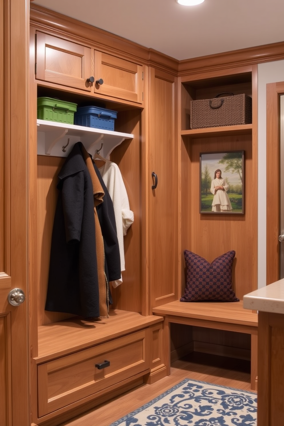 Custom cabinetry for tailored storage solutions creates a functional and organized mudroom. The design features built-in shelves, hooks for coats, and a bench for seating, all finished in a warm wood tone to complement the adjacent kitchen.