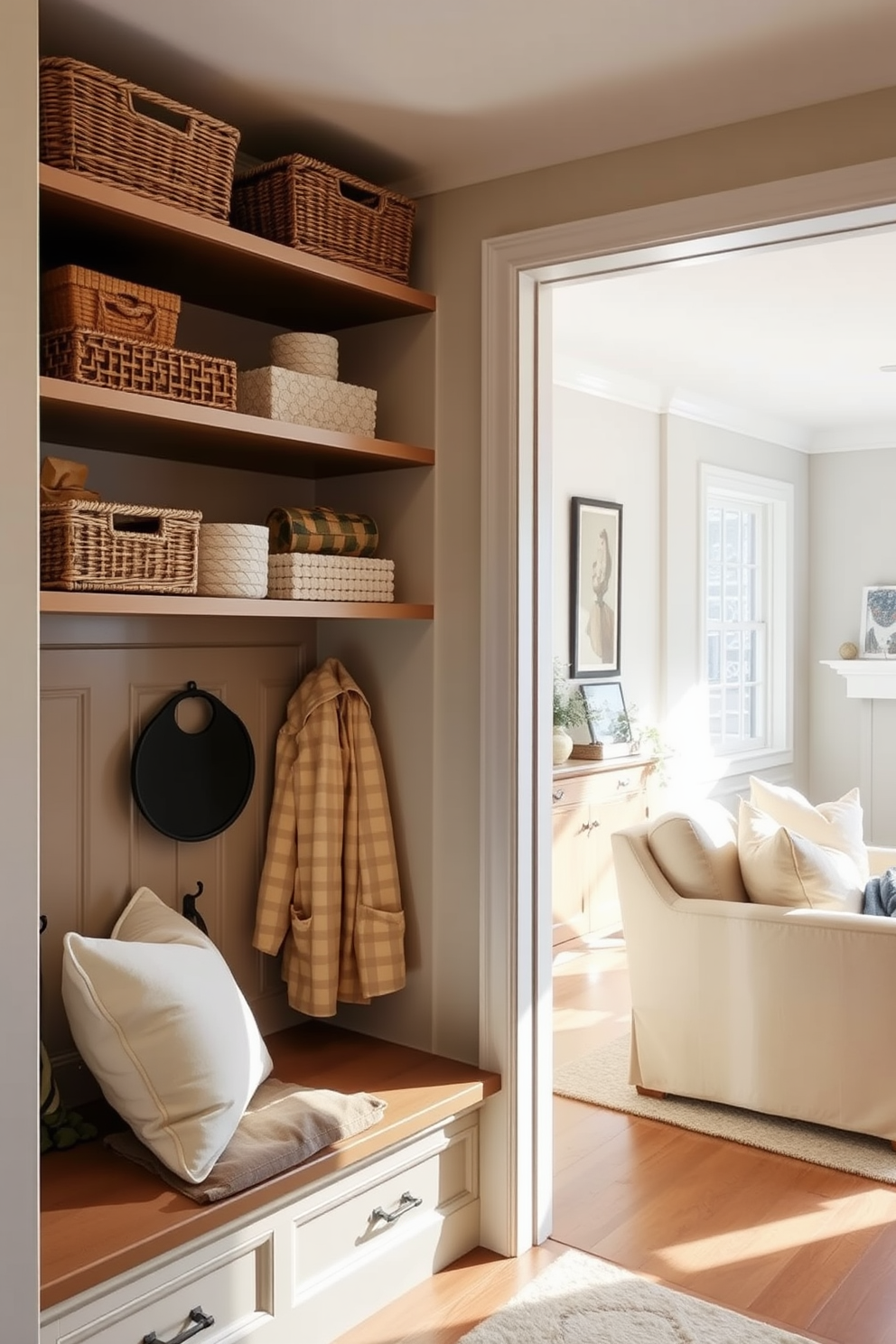 Open shelving for easy access storage in a mudroom adjacent to the living room creates a seamless transition between spaces. The shelves are filled with neatly arranged baskets and decorative boxes, providing both functionality and aesthetic appeal. The mudroom features a built-in bench with plush cushions and hooks for coats, while the walls are painted in a soft neutral tone. Natural light floods the area through a nearby window, highlighting the stylish decor and inviting atmosphere.