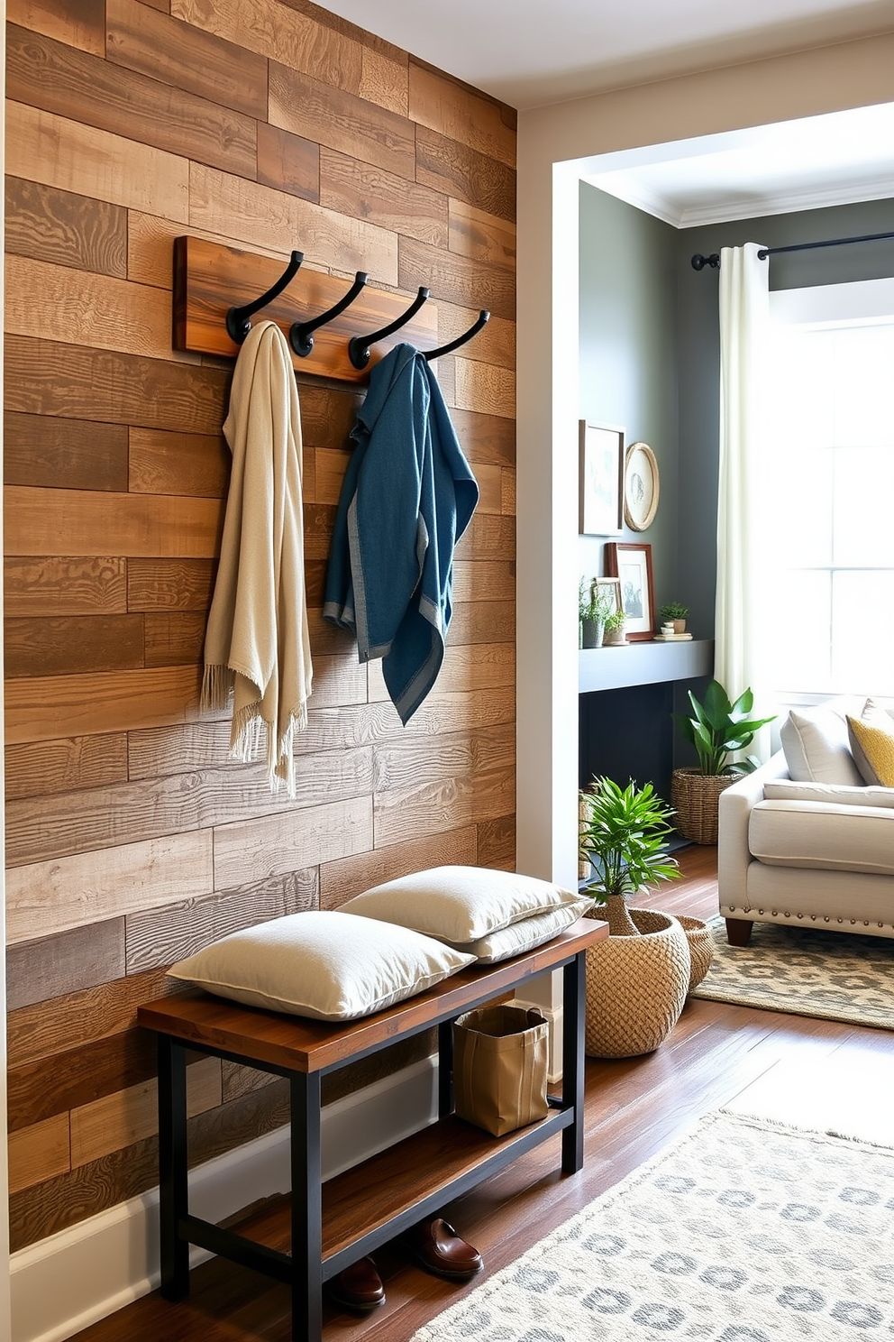 A functional mudroom design featuring wall-mounted organizers for small items. The space includes hooks for coats, a bench for seating, and baskets for storage, all in a cohesive color palette that complements the adjacent living room.