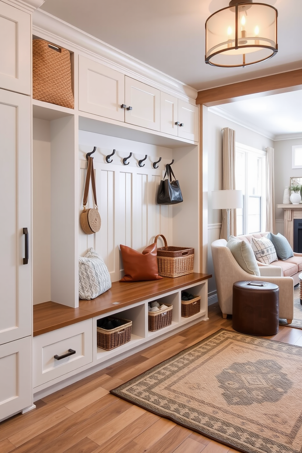 Chic cabinetry for hidden storage creates a seamless blend of functionality and style. The cabinetry features sleek lines and a soft color palette, enhancing the overall aesthetic of the mudroom. The mudroom near the living room is designed with practicality in mind, offering ample space for shoes and coats. A built-in bench with cushions adds comfort, while decorative hooks provide a stylish way to keep items organized.